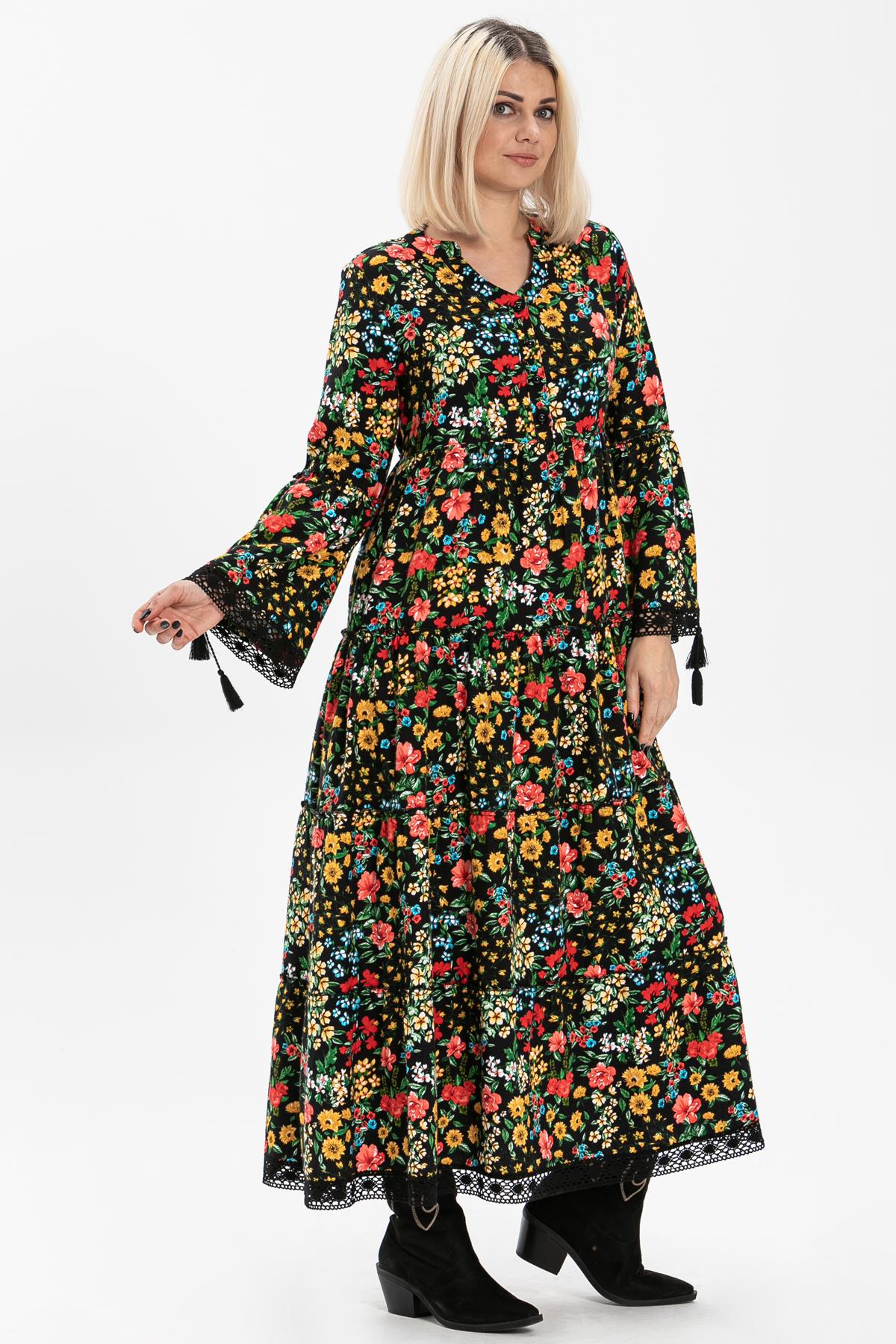 Toptan Seçil Pazen Uzun Elbise Bahar Desen Siyah