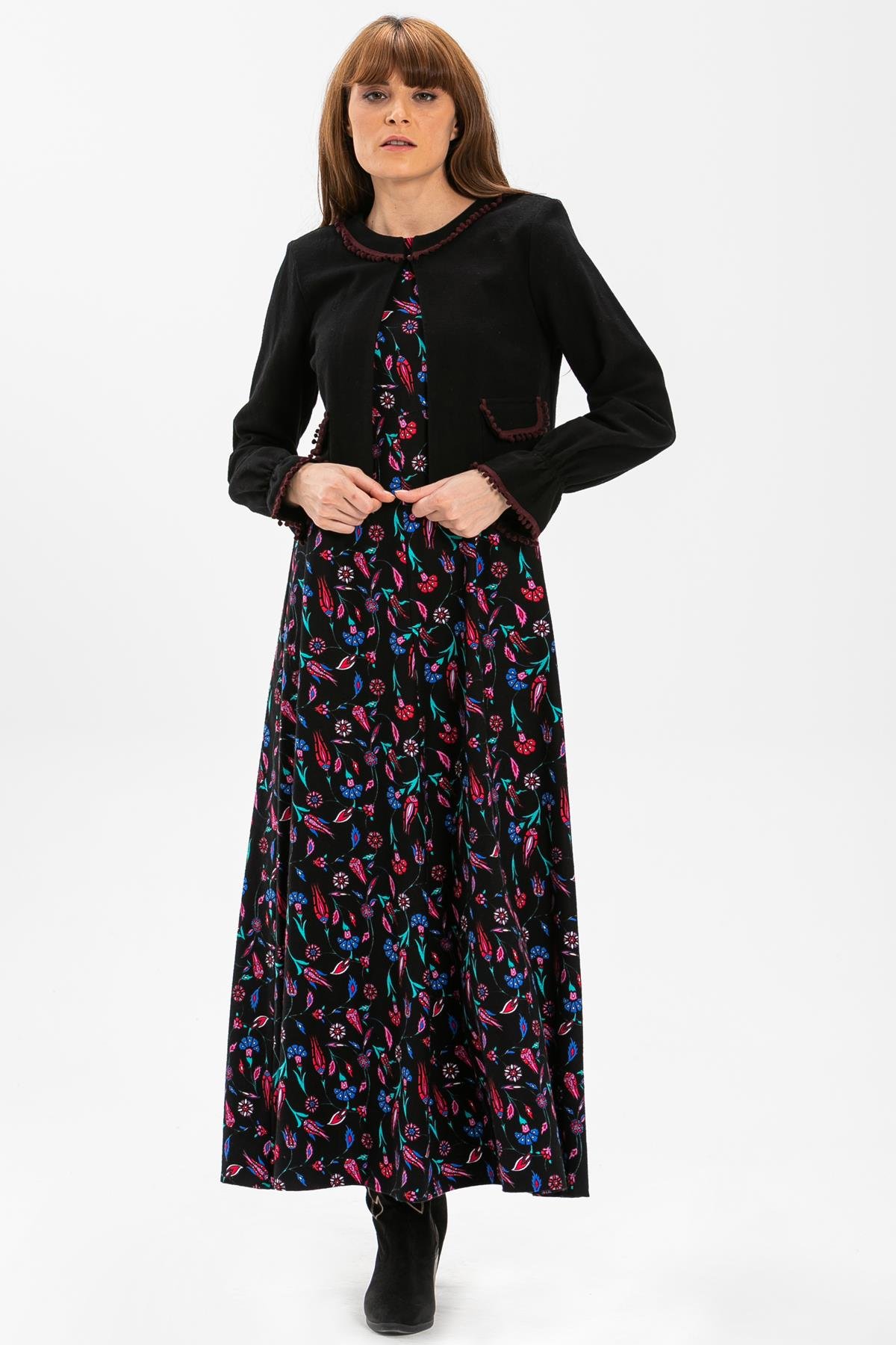 Toptan Selen Pazen Elbise Çini Desen Siyah