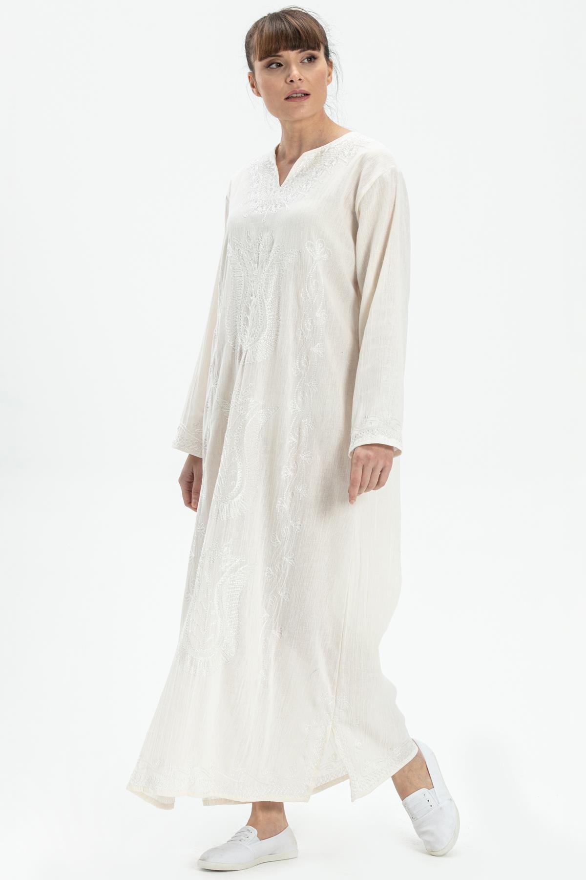 Toptan Simli Şile Bezi Kaftan Elbise Krem