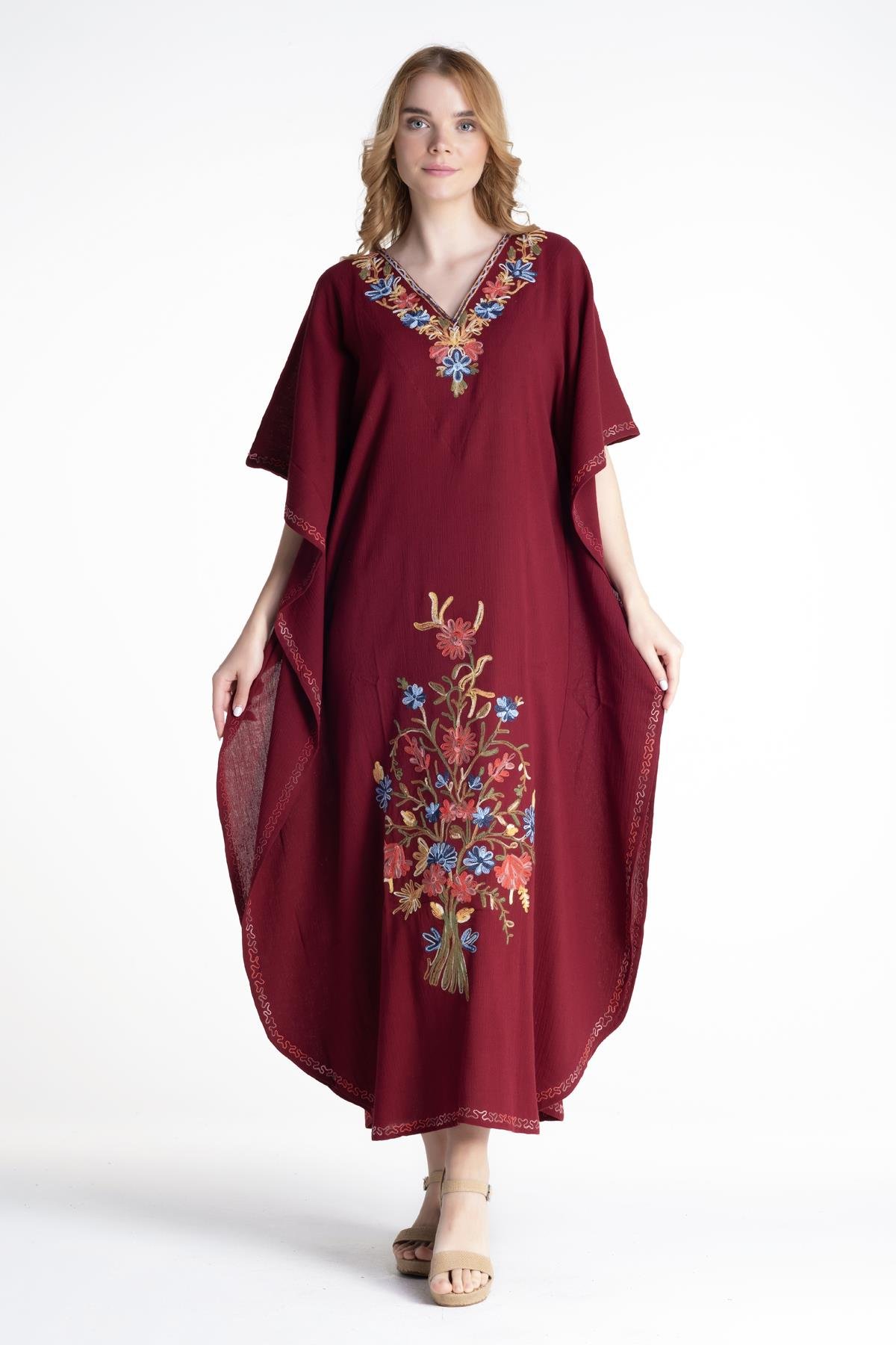 Toptan Tibet Şile Bezi Elbise Bordo