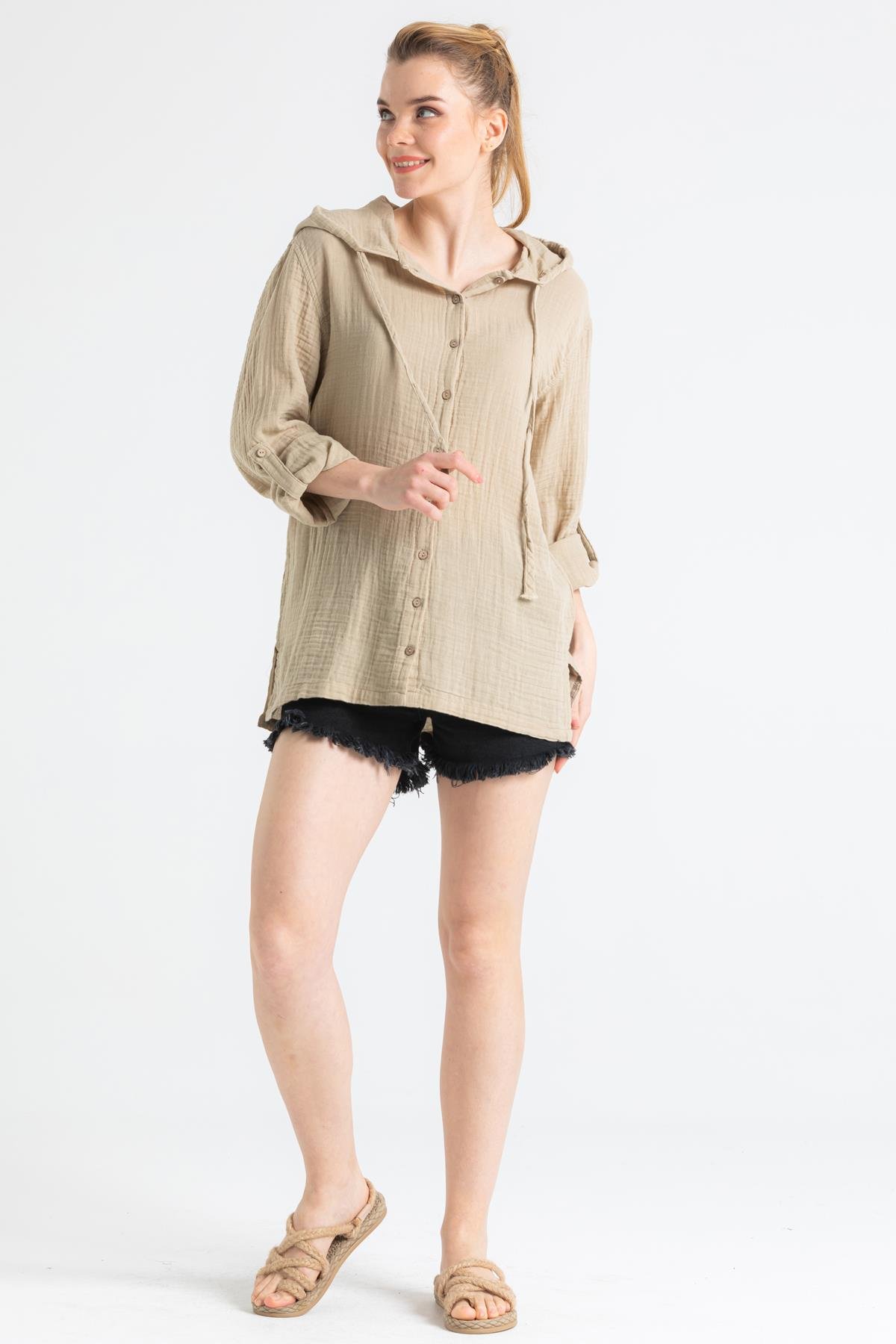 Toptan Uzun Kol Müslin Kapüşonlu Sweatshirt Vizon