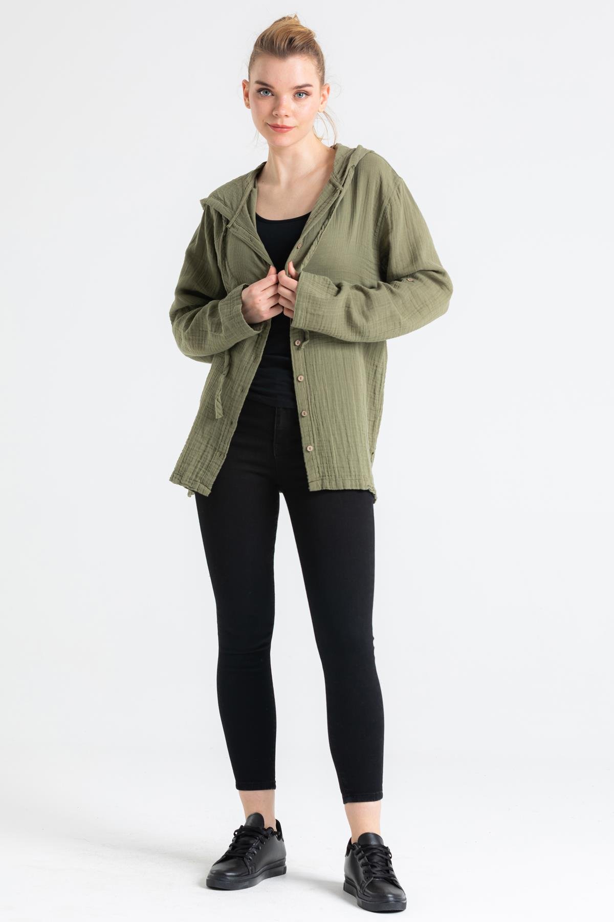 Toptan Uzun Kol Müslin Kapüşonlu Sweatshirt Haki