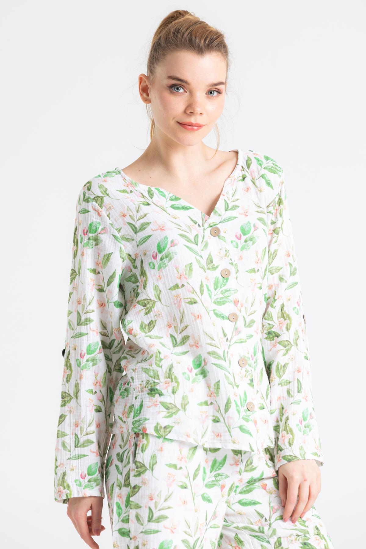 Toptan Uzun Kol Müslin Sedef Baskılı Gömlek Yaprak Desen