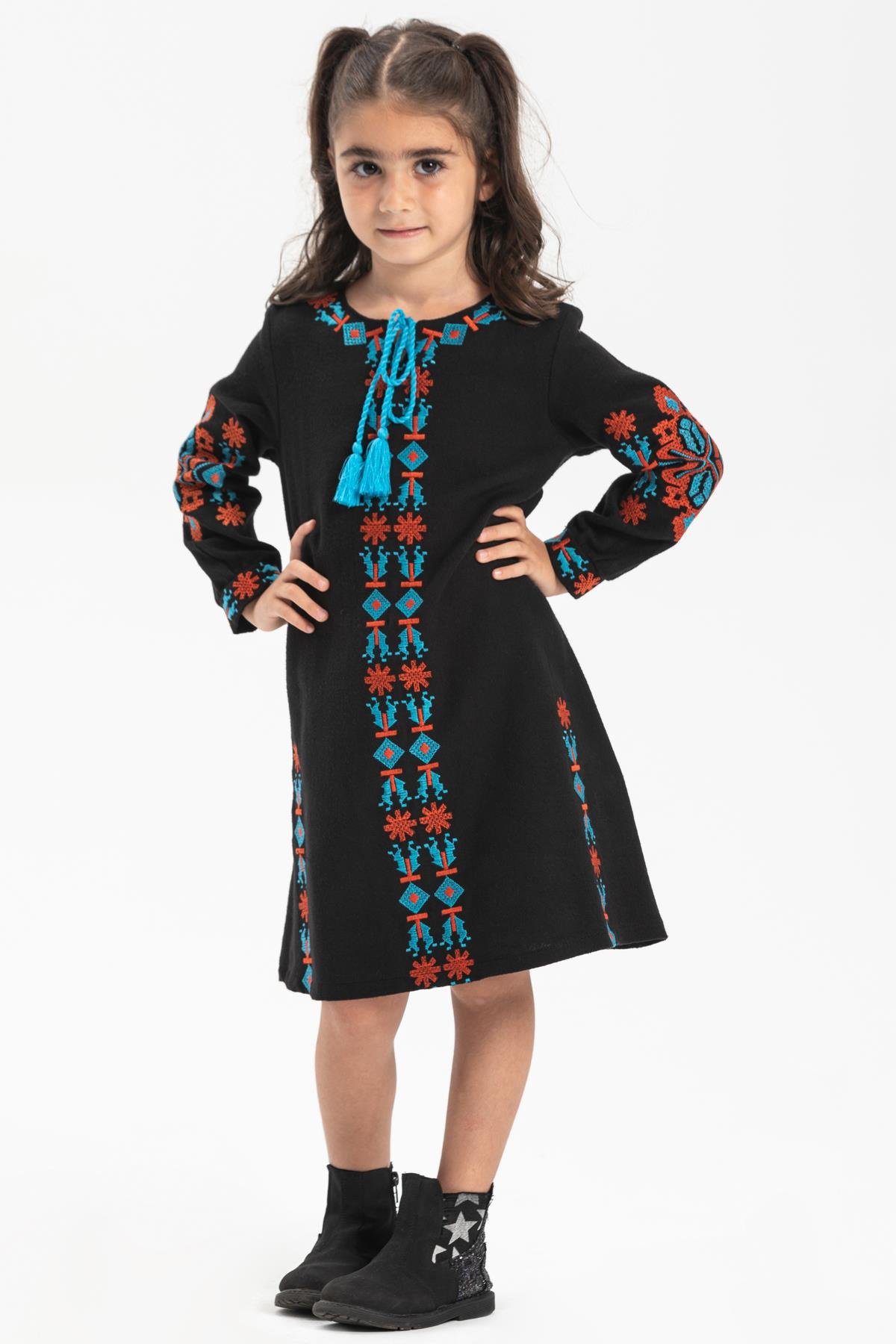Toptan Uzun Kol Pazen Mahur Çocuk Elbise Siyah