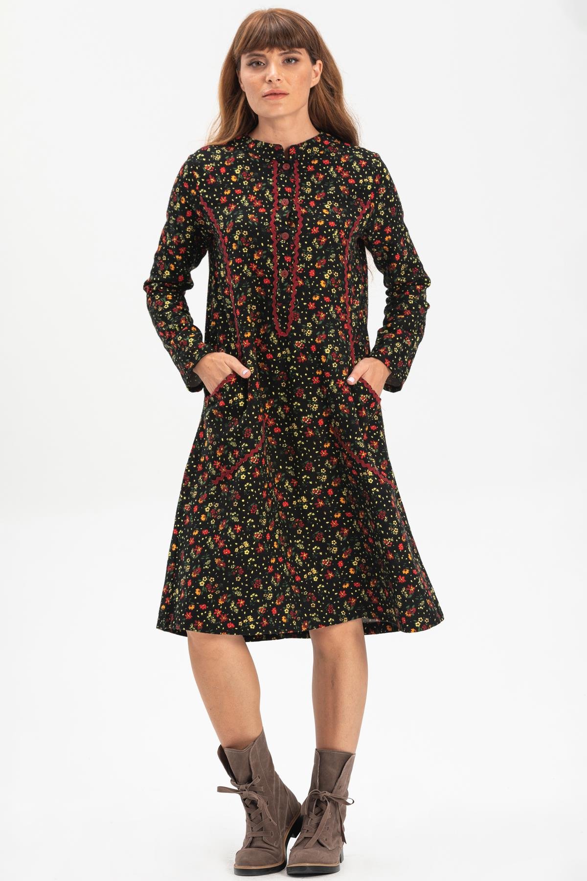 Toptan Uzun Kol Pazen Sudenaz Kısa Elbise Çiçek Desen Siyah