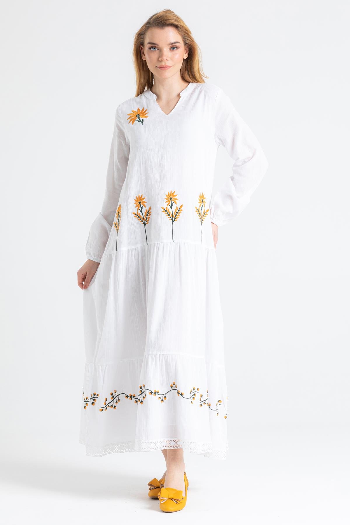 Toptan Uzun Kol Şile Bezi Aslı Nakışlı Uzun Elbise Beyaz 