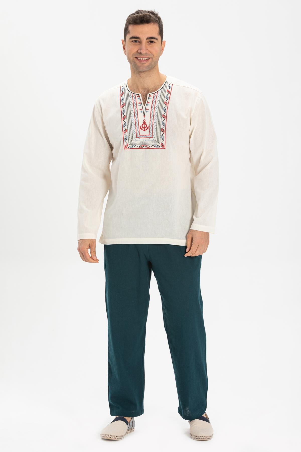 Toptan Uzun Kol Şile Bezi Bisiklet Yaka Bahriyeli Erkek T-Shirt Krem