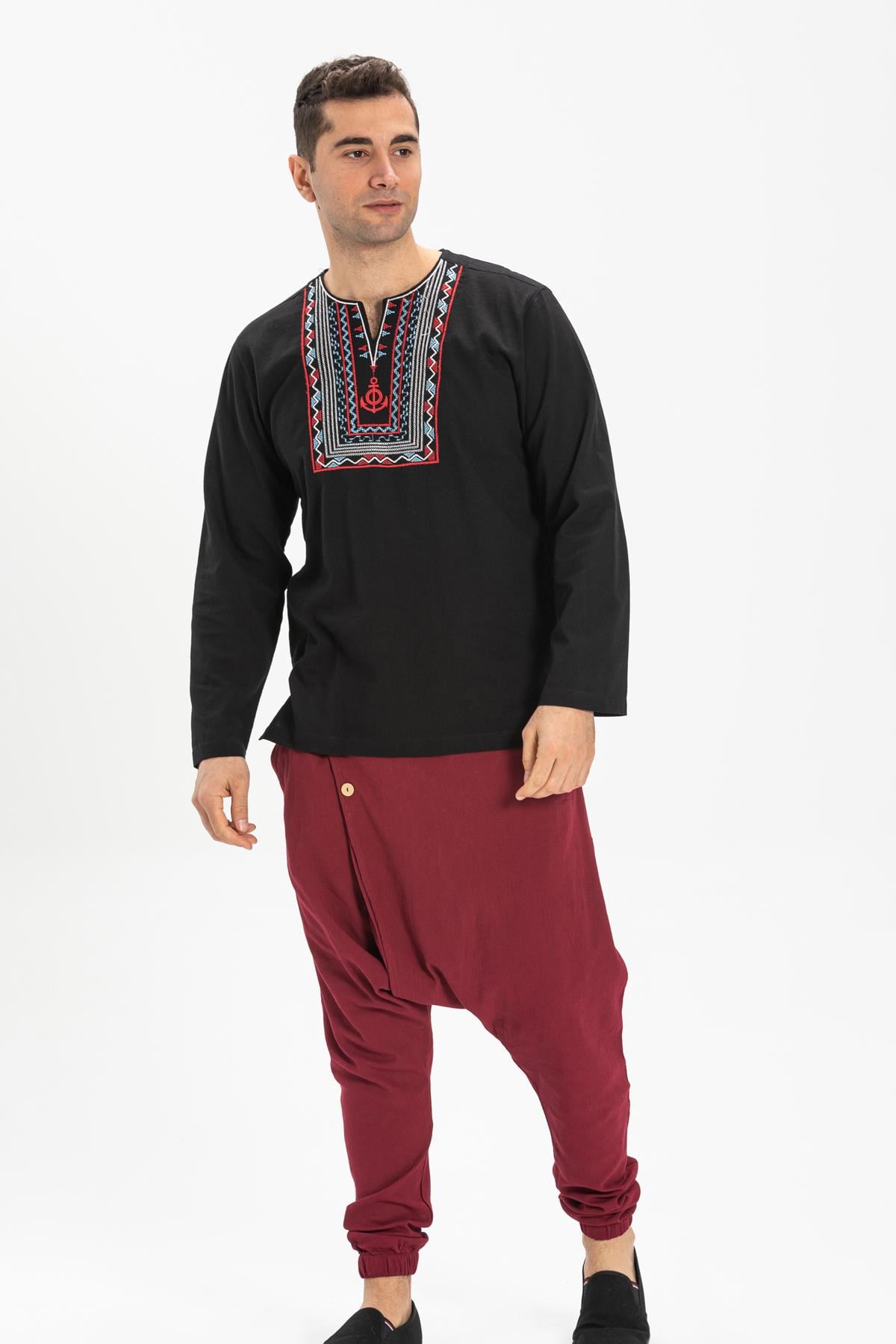 Toptan Uzun Kol Şile Bezi Bisiklet Yaka Bahriyeli Erkek T-Shirt Siyah