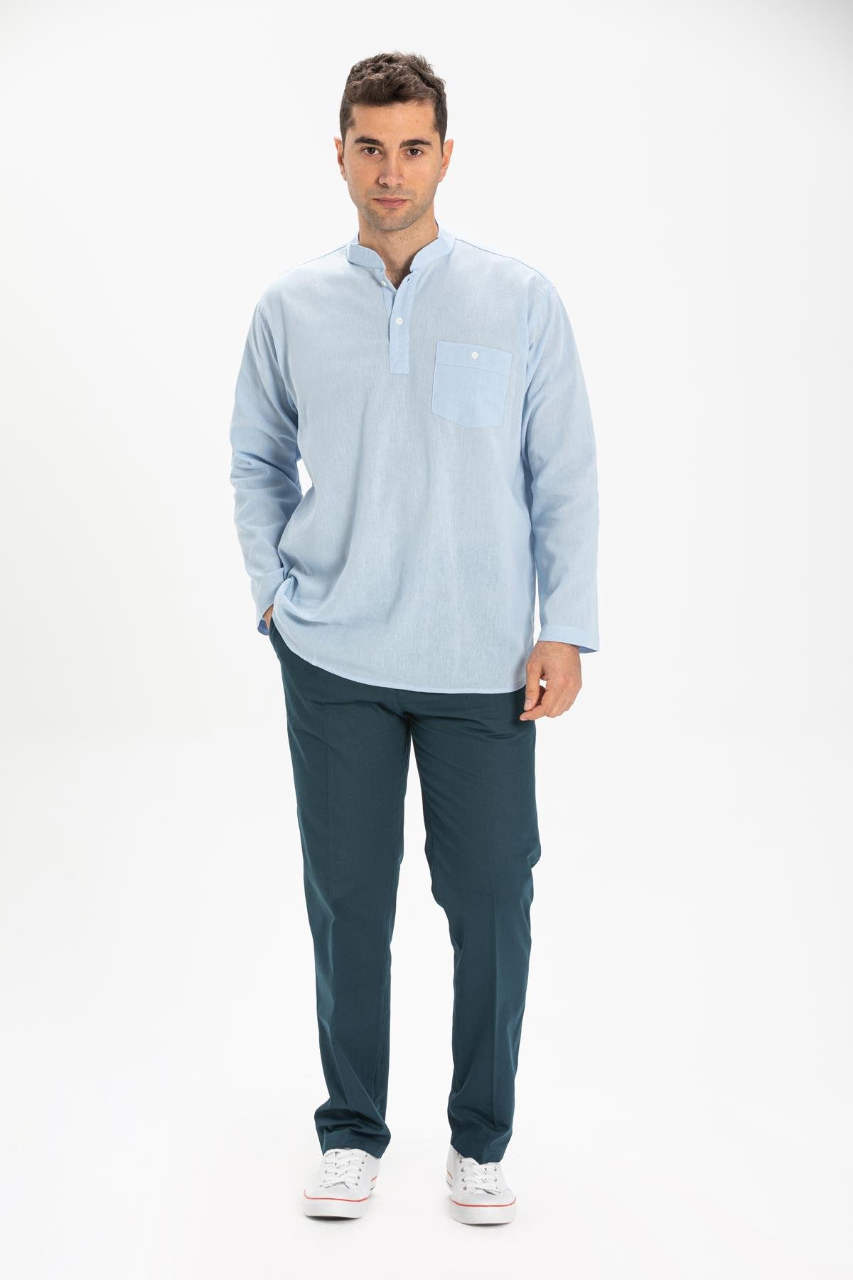 Toptan Uzun Kol Şile Bezi Hakim Yaka Erkek Tshirt Buz Mavi