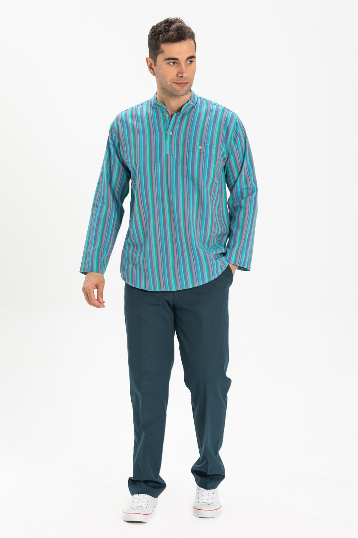 Toptan Uzun Kol Şile Bezi Hakim Yaka Erkek Tshirt Turkuaz Çizgili