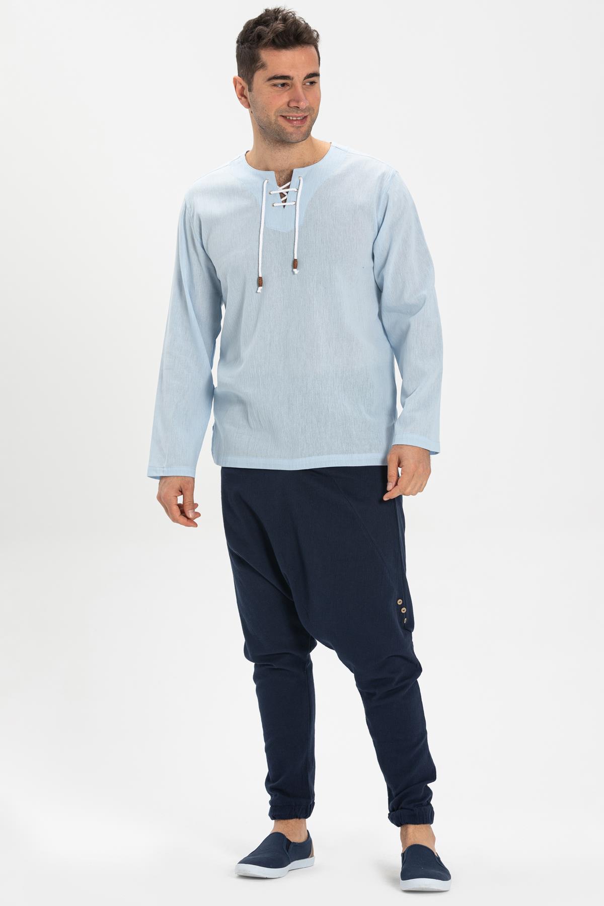 Toptan Uzun Kol Şile Bezi Zımbalı Erkek Tshirt Buz Mavi