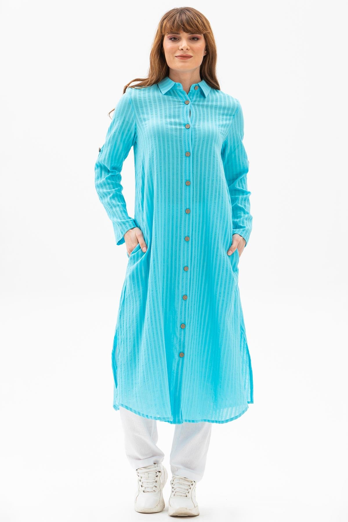 Toptan Yakalı Uzun Gofre Tunik Turkuaz