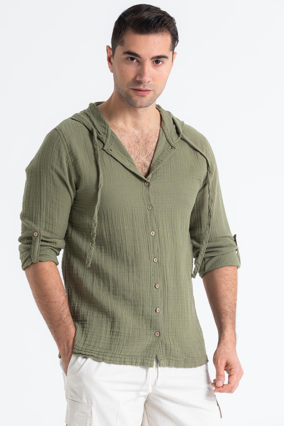 Uzun Kol Müslin Erkek Kapüşonlu Sweatshirt Haki Hk