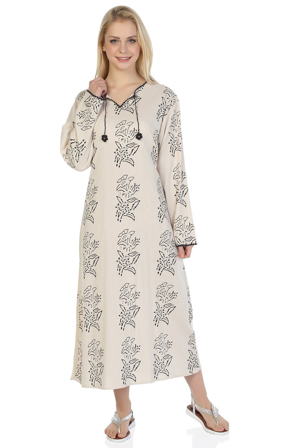 Toptan Uzun Kol Şile Bezi Baskılı Elbise Zambak Desen Taş