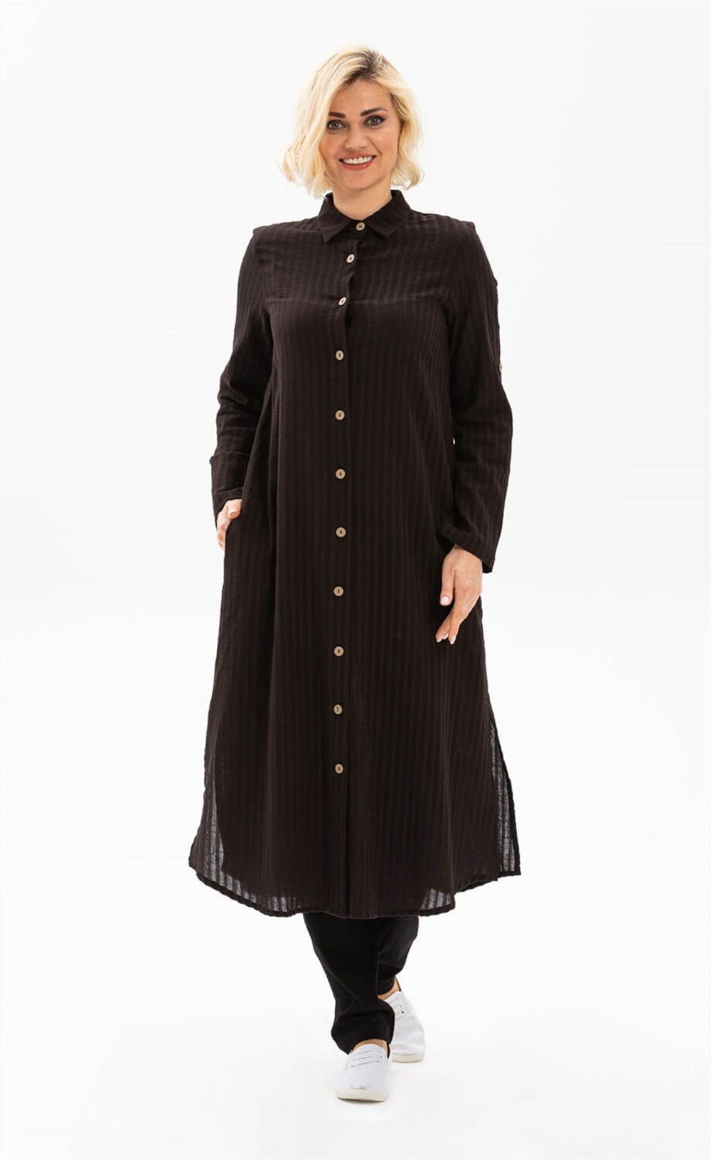 Toptan Yakalı Uzun Gofre Tunik Siyah