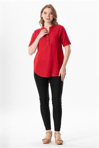 Kısa Kol Gülgün V Yaka Müslin Yazlık Bluz Kırmızı Krmz