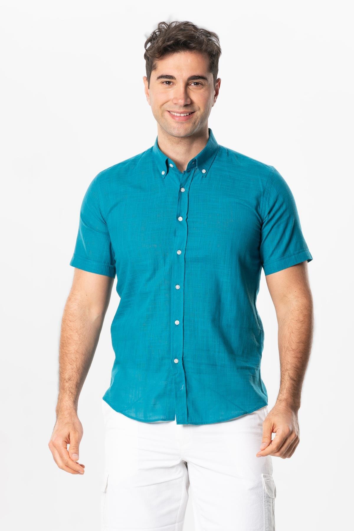 Ada Şile Bezi Kısa Kol Yazlık Gömlek Petrol 3053