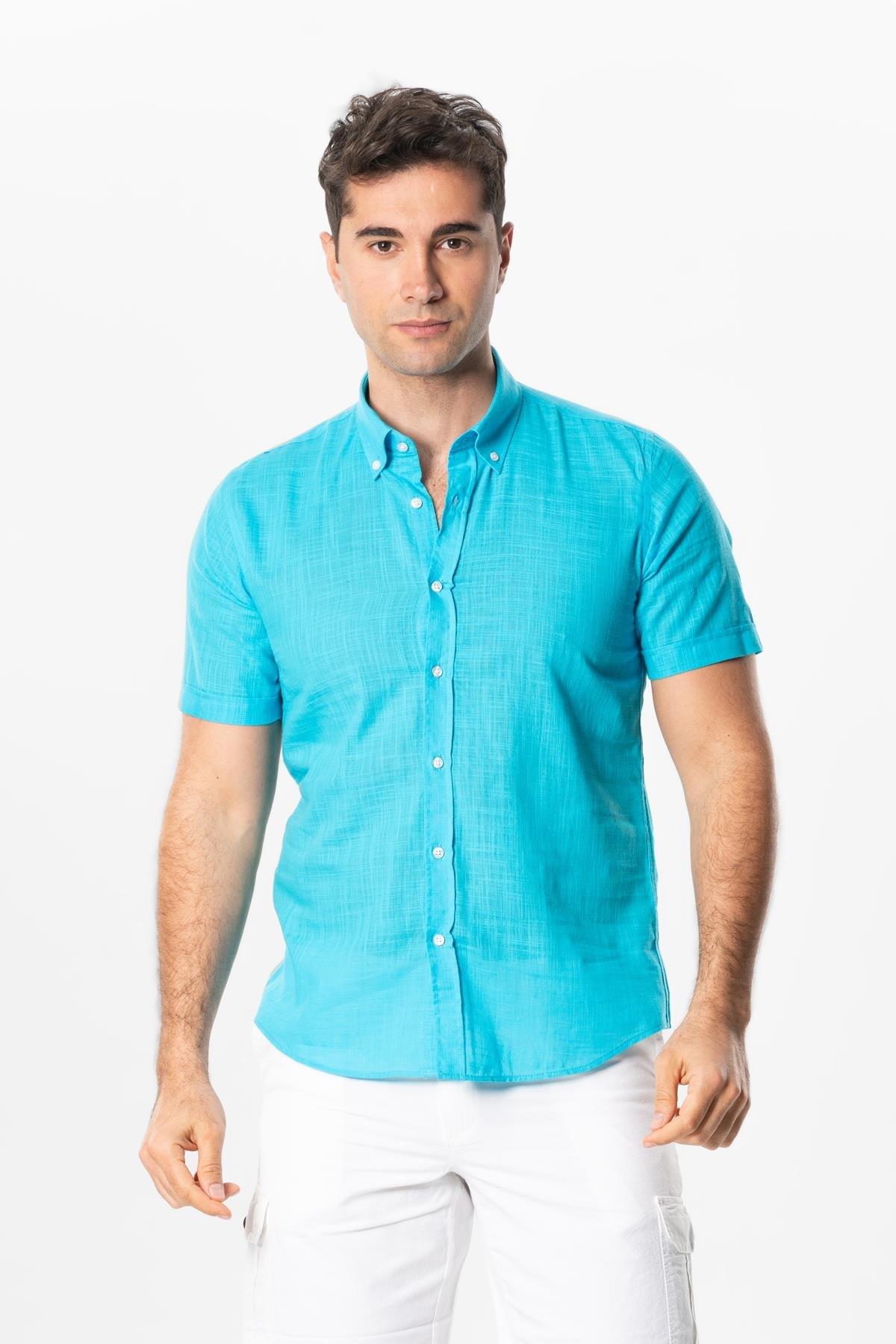 Ada Şile Bezi Kısa Kol Yazlık Gömlek Turkuaz 3054