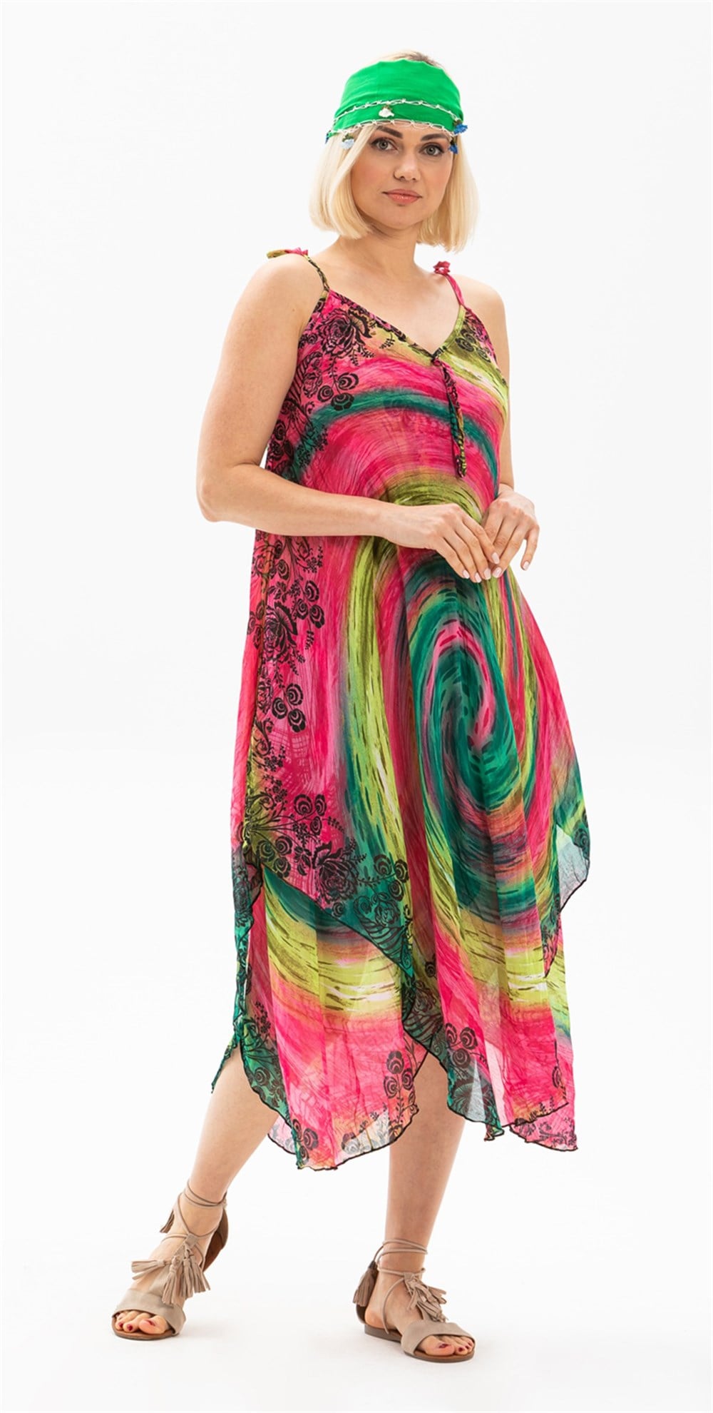 Toptan Afrodit Vual Elbise Helezon Desen Pembe