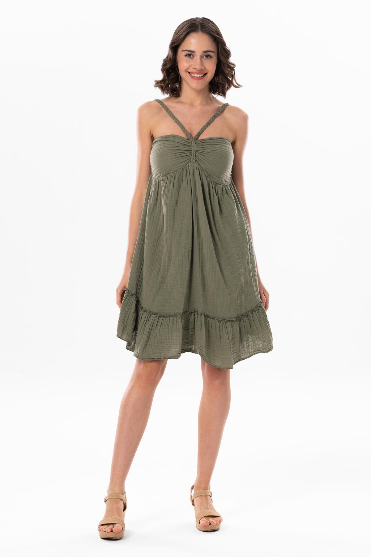 Alanya Boyundan Bağlamalı Kısa Yazlık Müslin Elbise Haki Hk