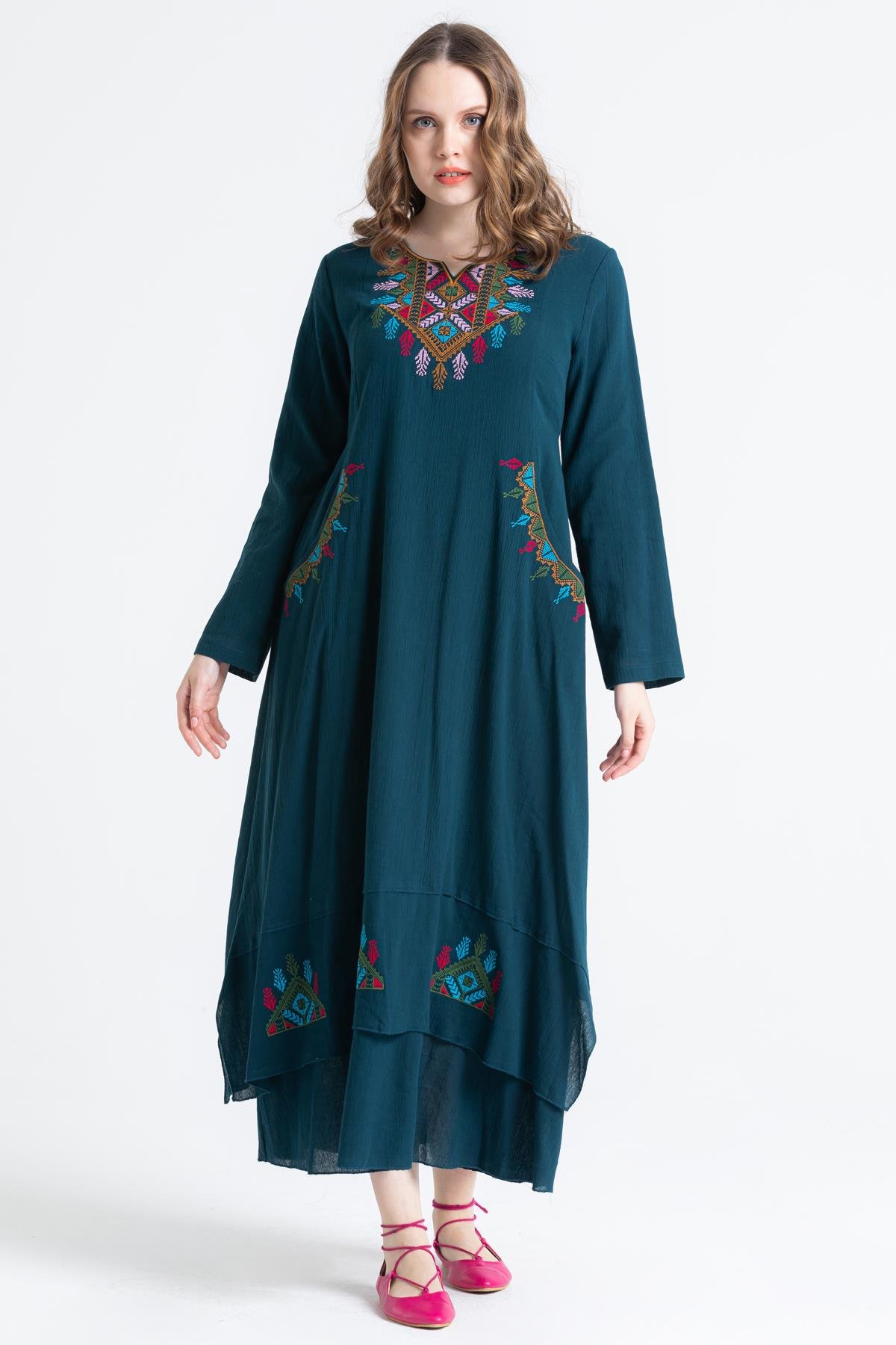 Antik Uzun Kol Elbise Petrol Ptrl