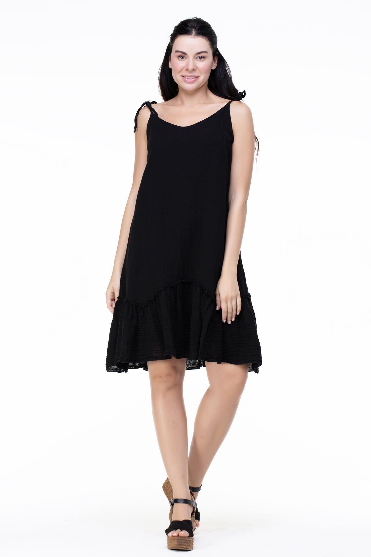 Askılı Müslin Serra Volanlı Kısa Elbise Siyah Syh