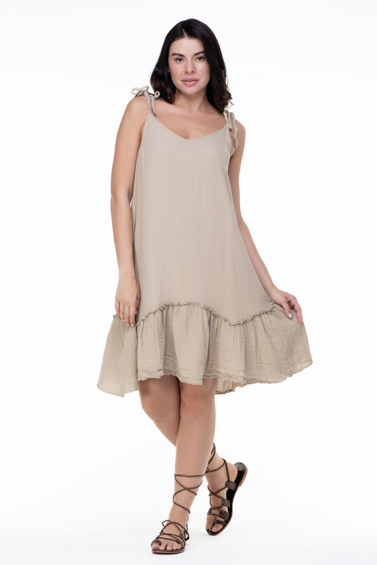 Askılı Müslin Serra Volanlı Kısa Elbise Vizon Vzn