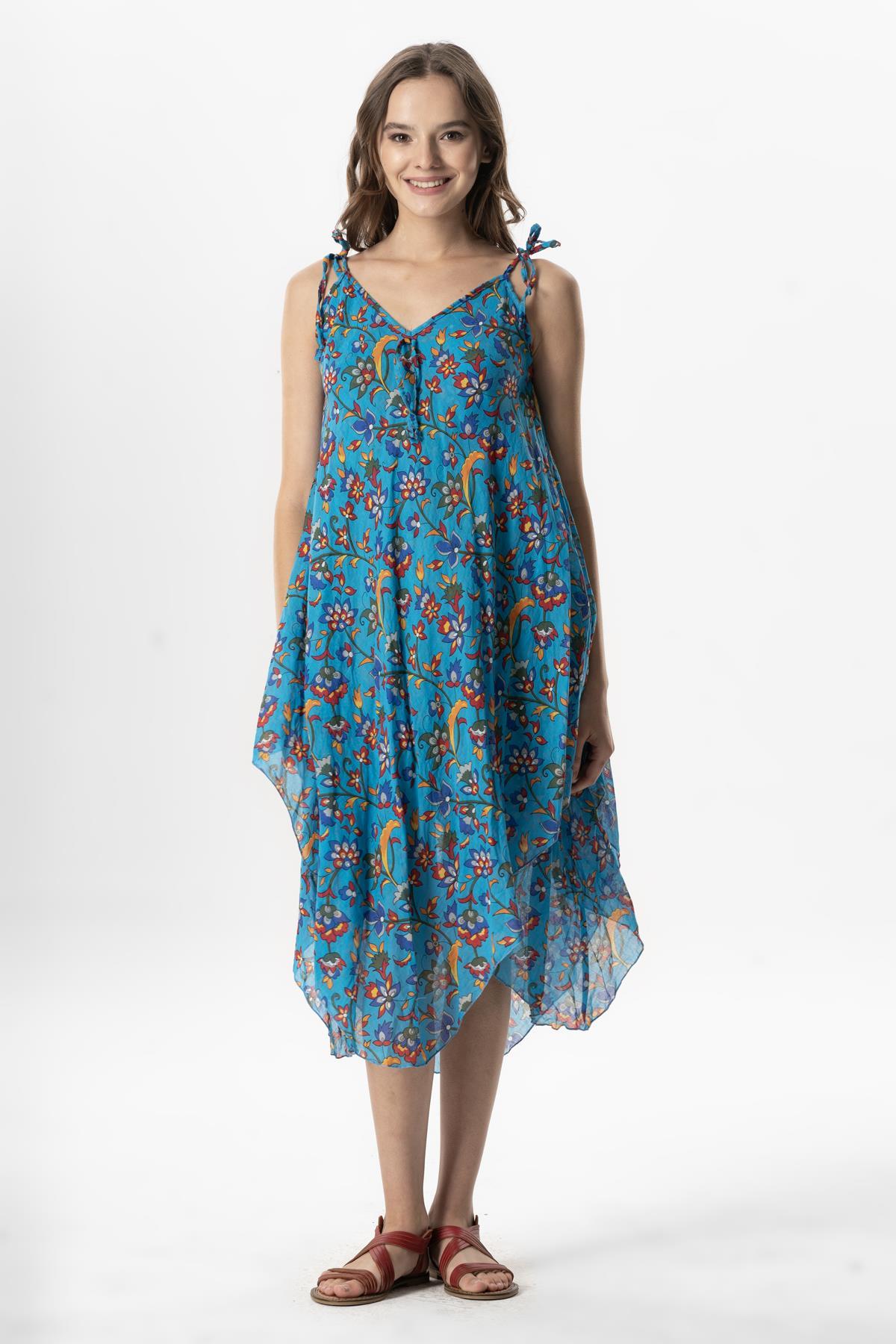 Askılı Vual Afrodit Midi Boy Yazlık Elbise Sarmaşık Turkuaz 6221