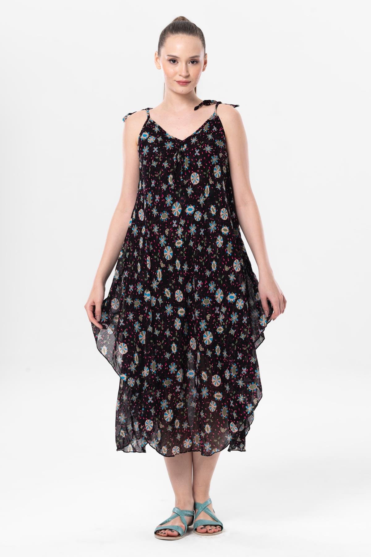 Askılı Vual Afrodit Midi Boy Yazlık Elbise Siyah 6200