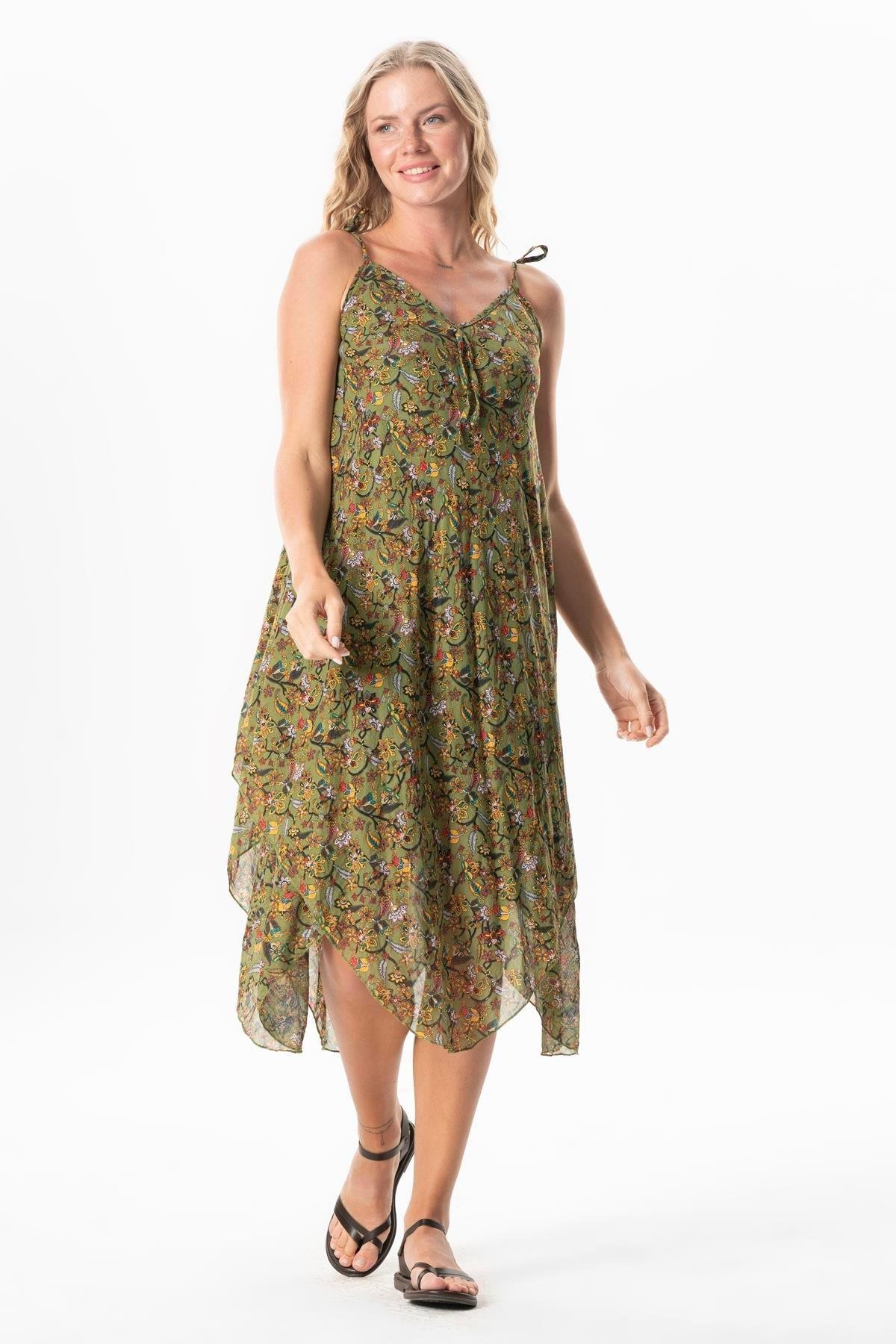 Askılı Vual Afrodit Midi Boy Yazlık Elbise Çiçek Yeşil 6241