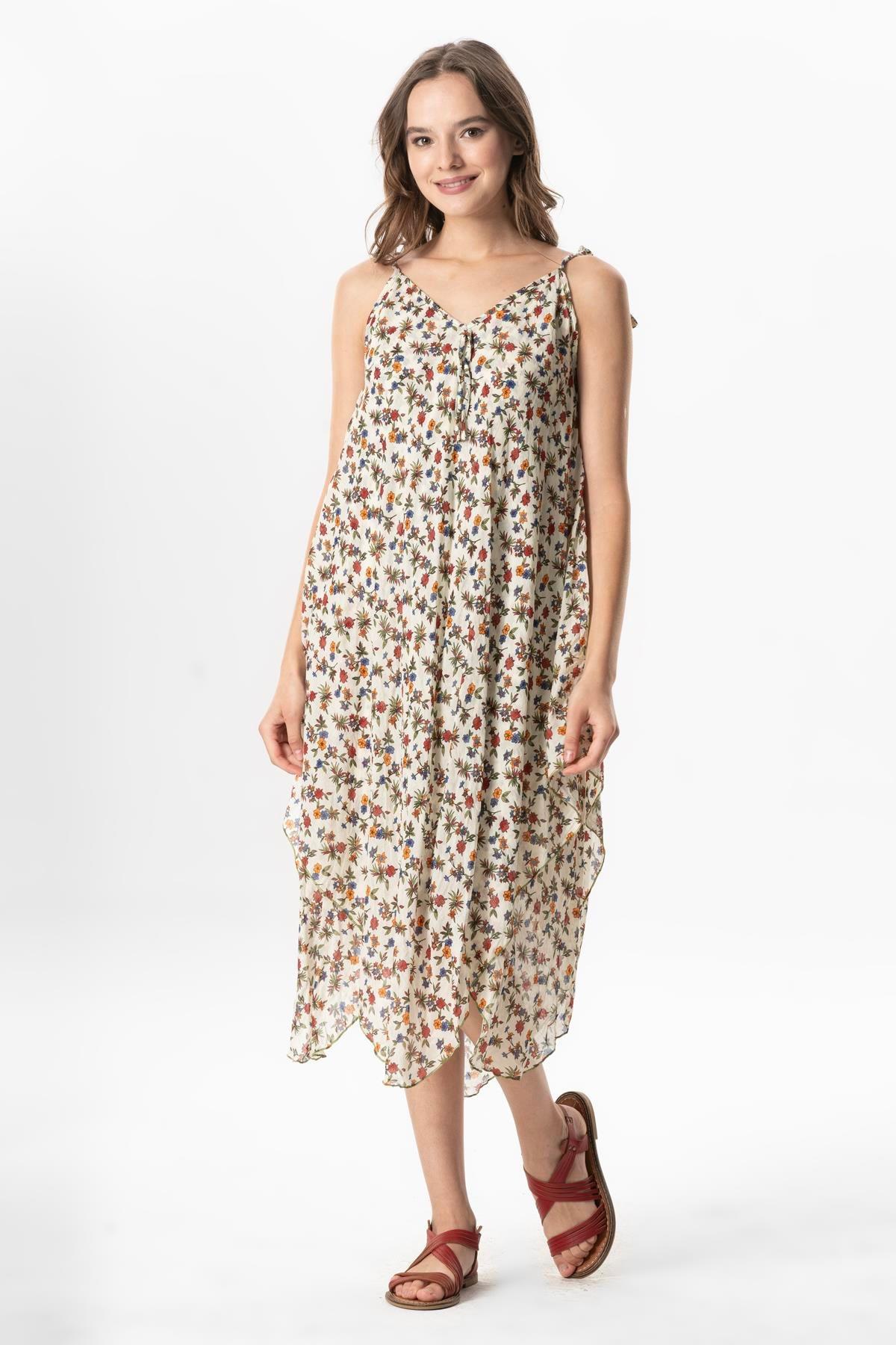 Askılı Vual Afrodit Midi Boy Yazlık Elbise Menekşe Krem 6238