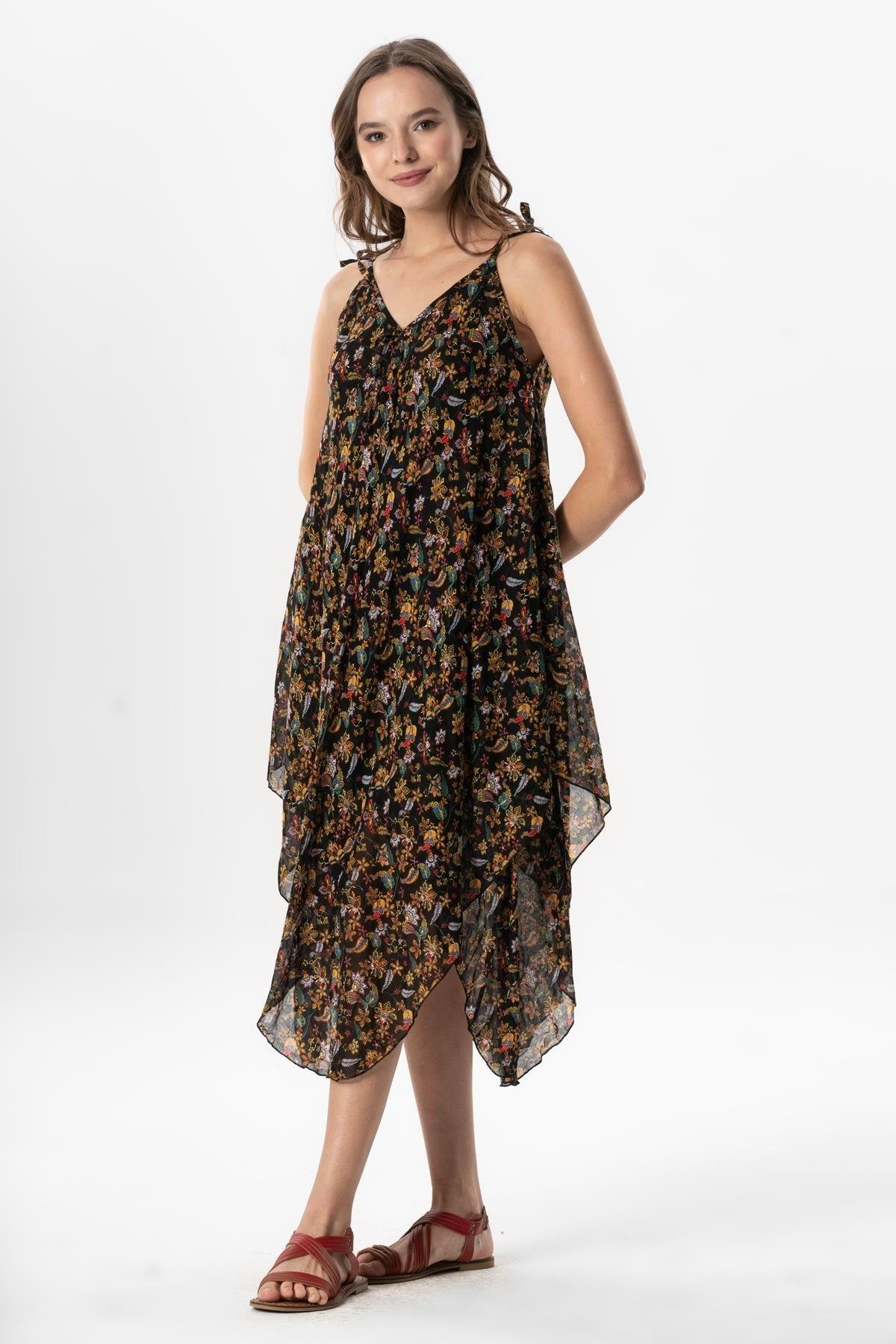 Askılı Vual Afrodit Midi Boy Yazlık Elbise Çiçek Siyah 6240