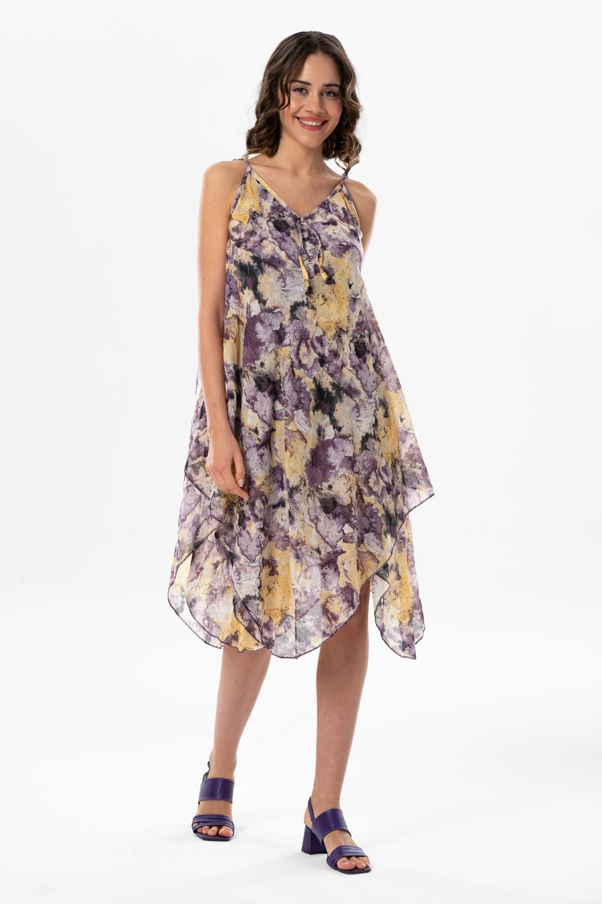 Askılı Vual Afrodit Midi Boy Yazlık Elbise Batik Mor 6207