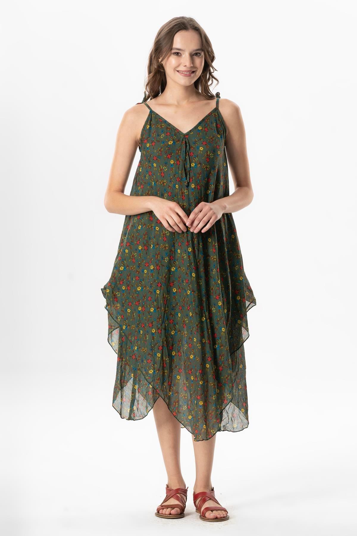 Askılı Vual Afrodit Midi Boy Yazlık Elbise Menekşe Yeşil 6239