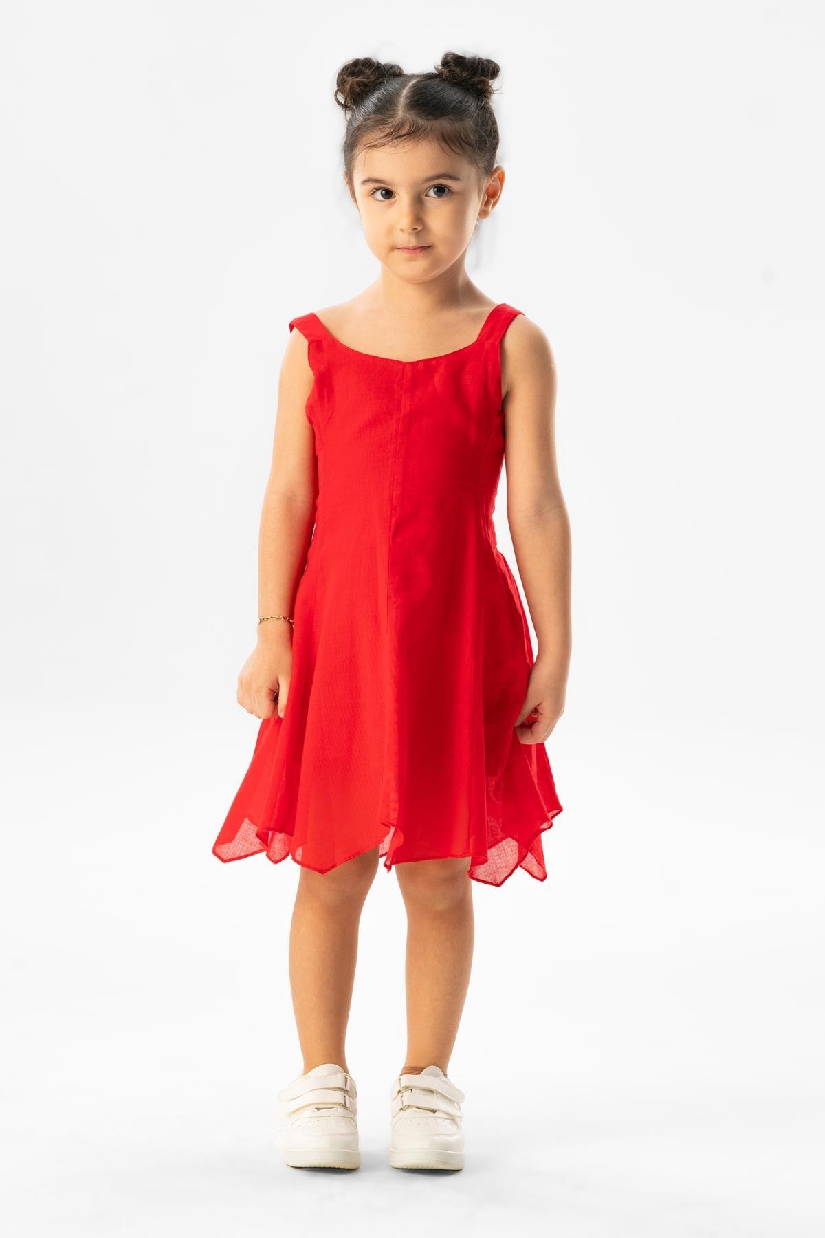 Askılı Vual Emel Yazlık Çocuk Elbise Kırmızı Krmz