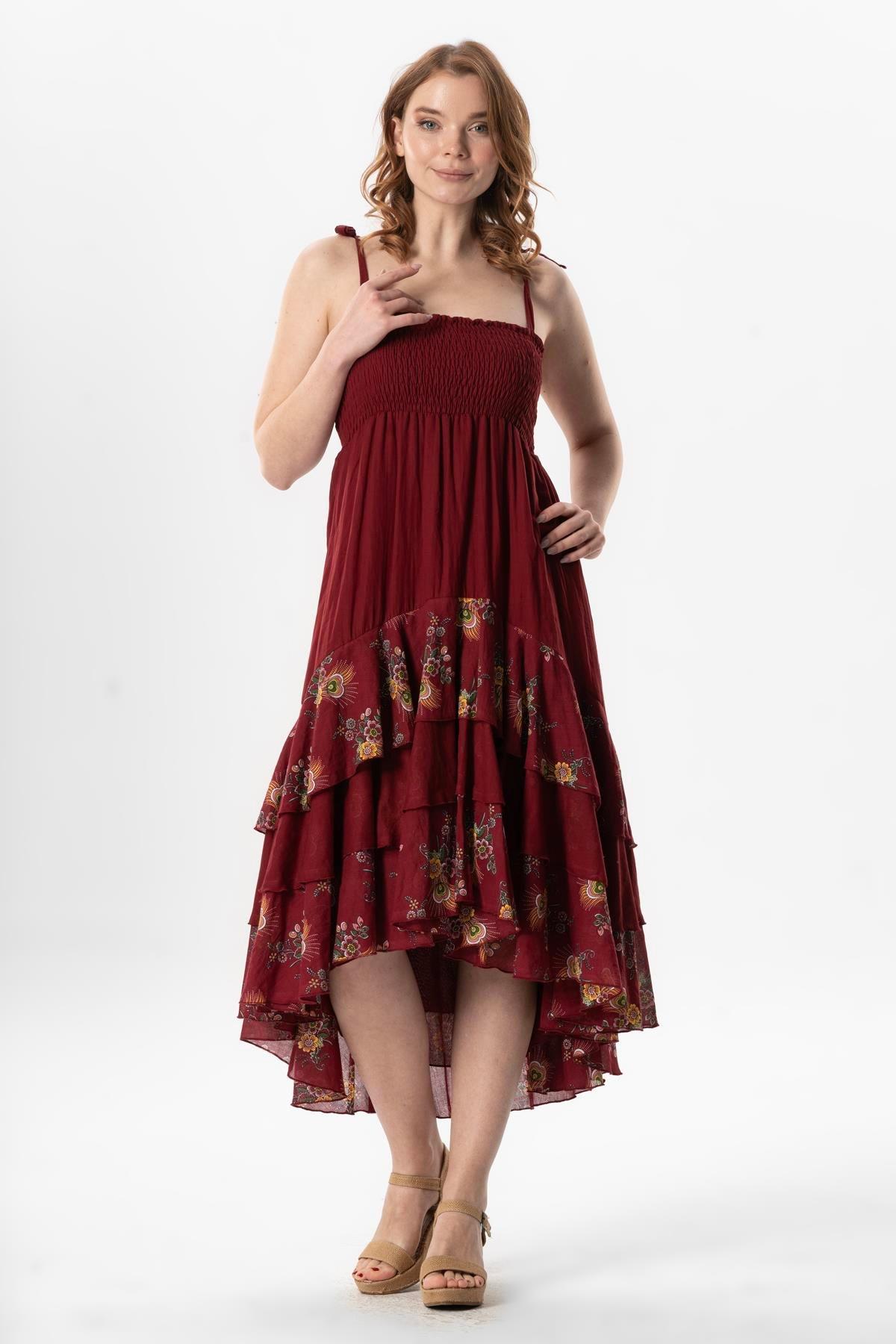 Askılı Vual Gülçimen Kat Kat Asimetrik Kesim Yazlık Midi Boy Elbise Bordo Brd