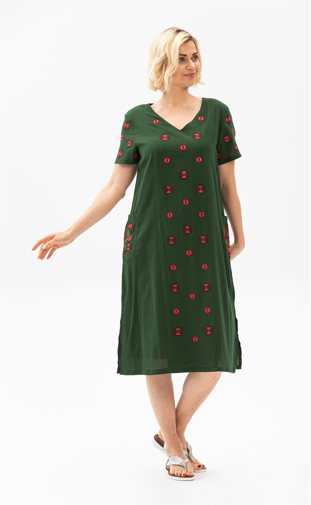 Toptan Aylin Şile Bezi Elbise Yeşil