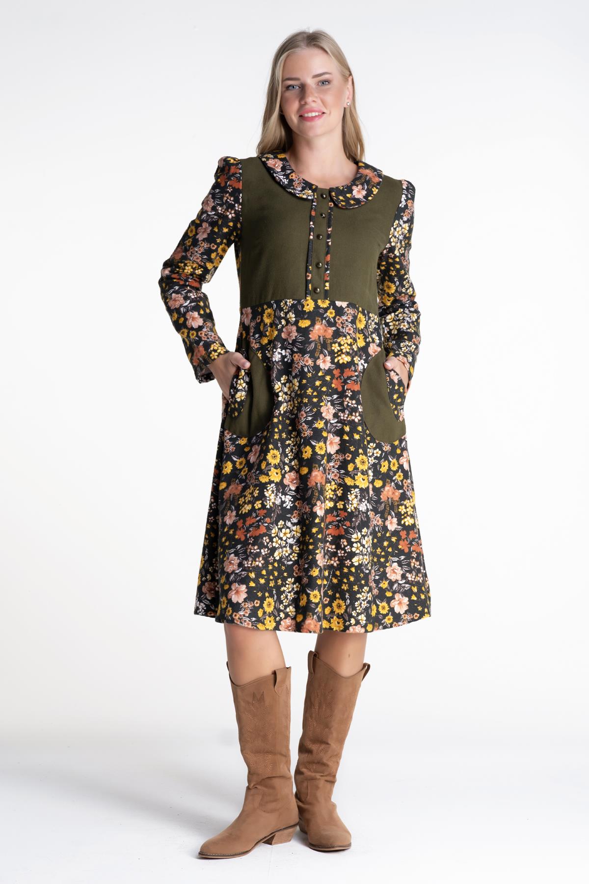 Bahar Dalı Pazen Elbise Haki Hk