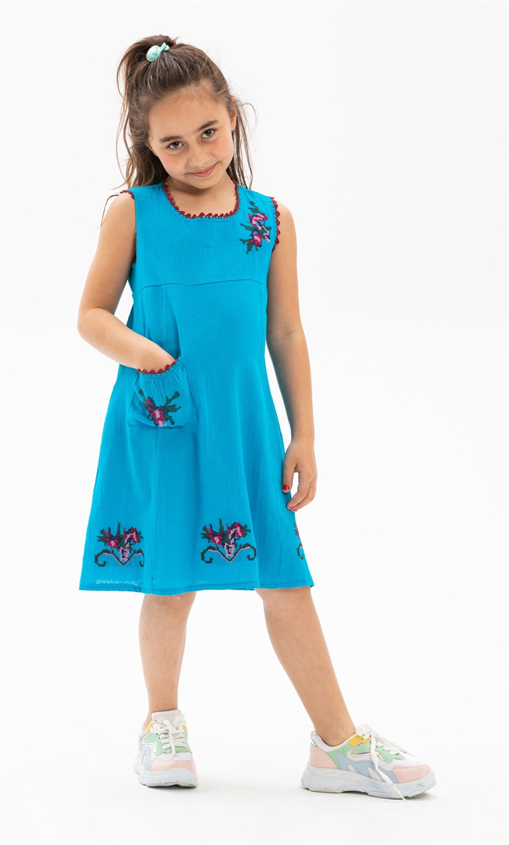 Toptan Kolsuz Burçak Şile Bezi Yazlık Çocuk Elbise Turkuaz