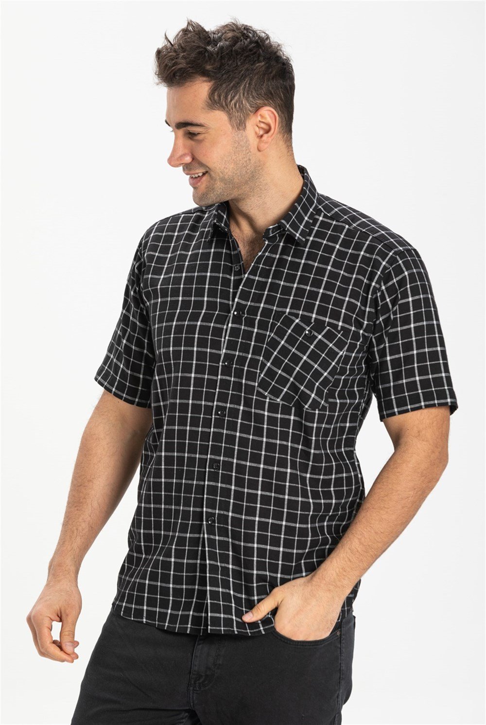 Büyük Beden Kısa Kol Şile Bezi Erkek Gömlek Siyah Kareli 3055