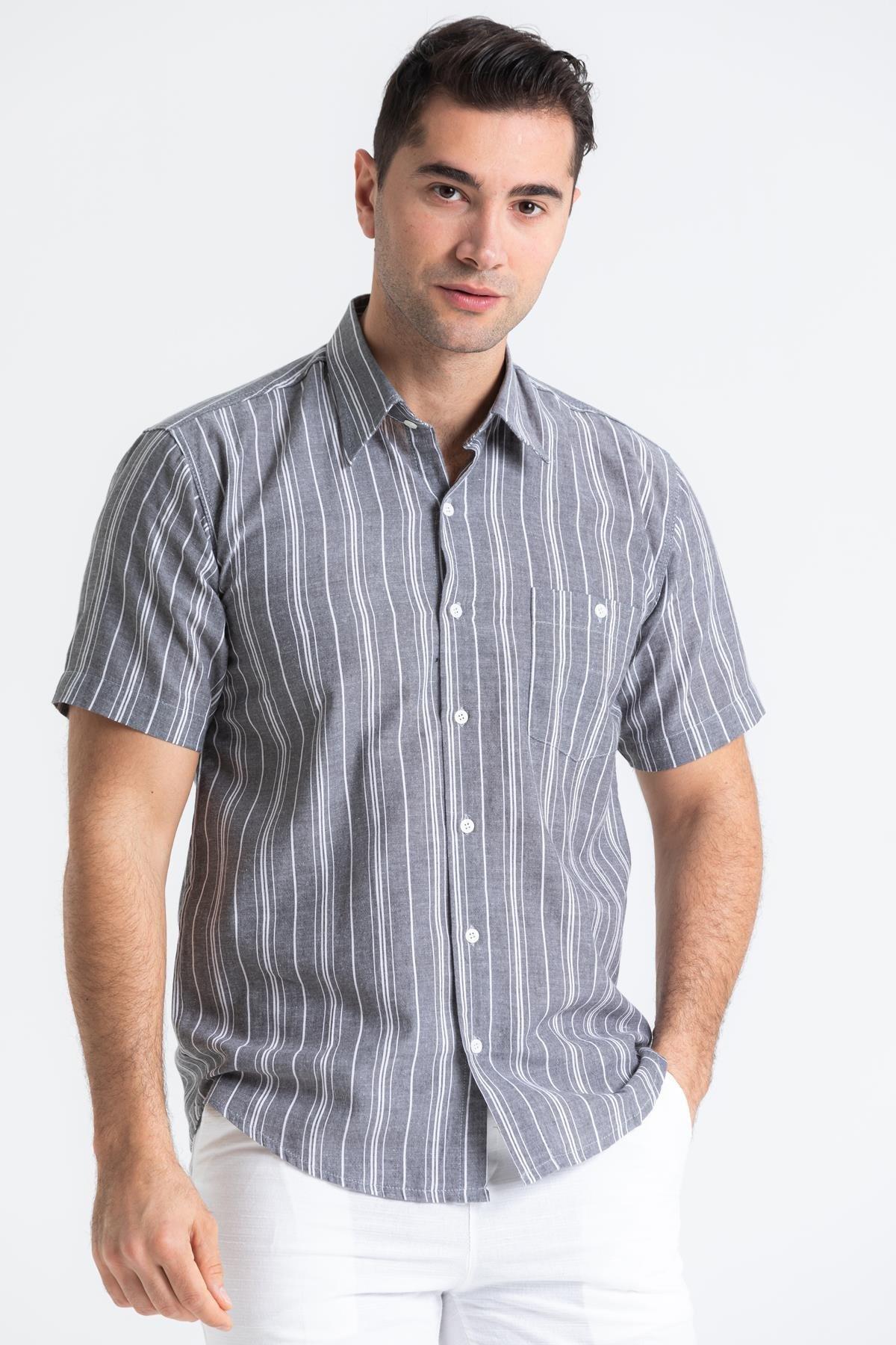 Büyük Beden Kısa Kol Şile Bezi Tek Cepli Erkek Yazlık Gömlek Gri Beyaz Çizgili 3078