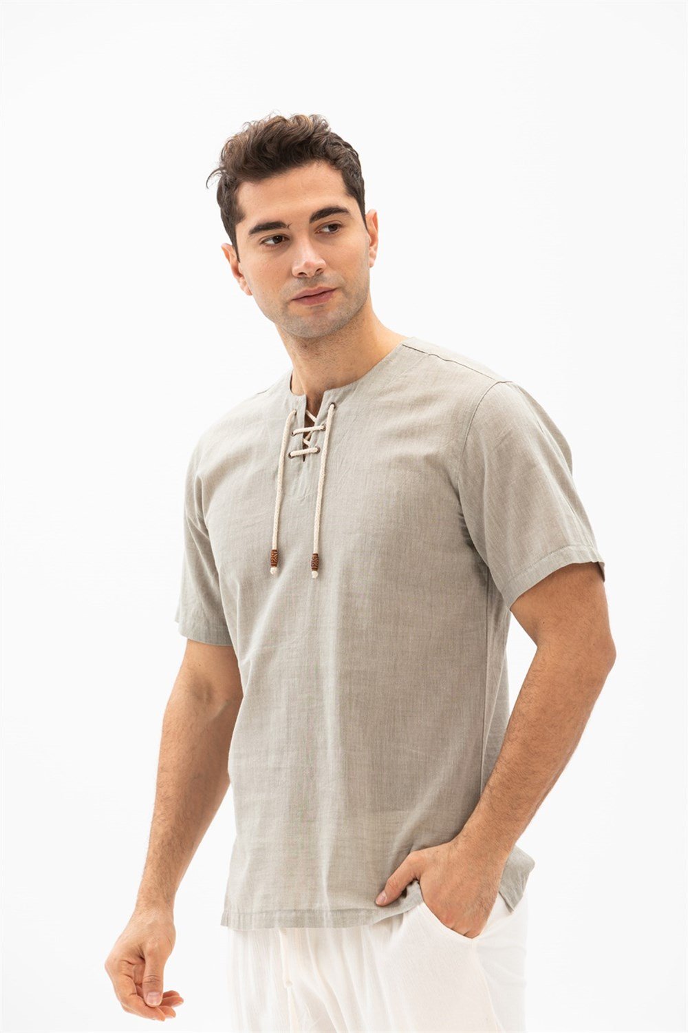 Toptan Büyük Beden Kısa Kol Şile Bezi Zımbalı Erkek Yazlık Tshirt Taş