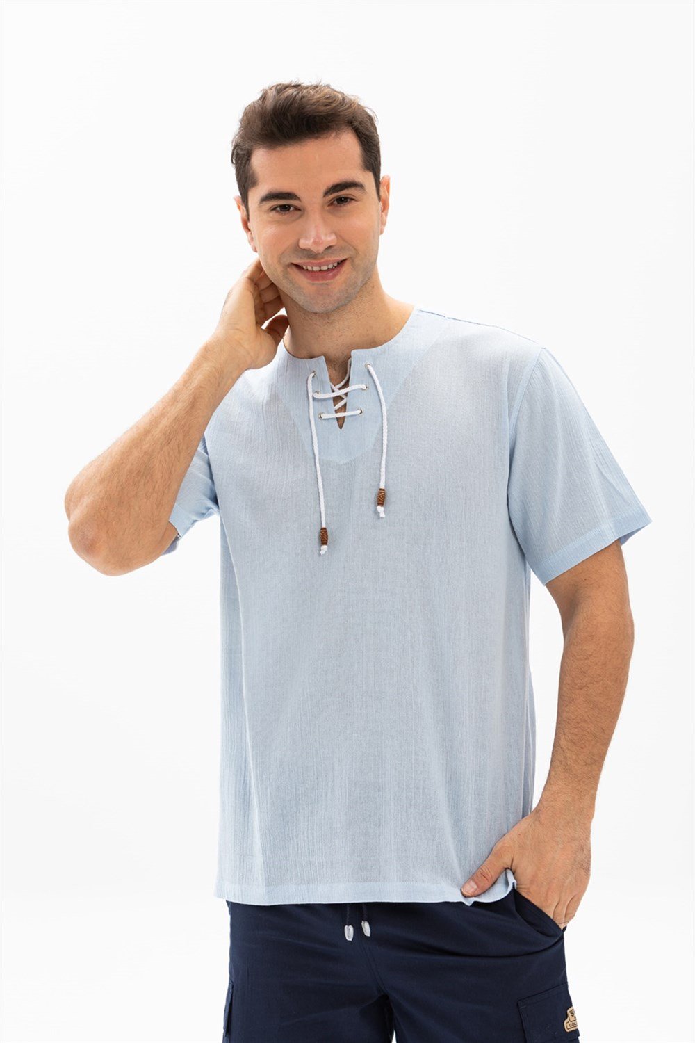 Toptan Büyük Beden Kısa Kol Şile Bezi Zımbalı Erkek Yazlık Tshirt Buz Mavi