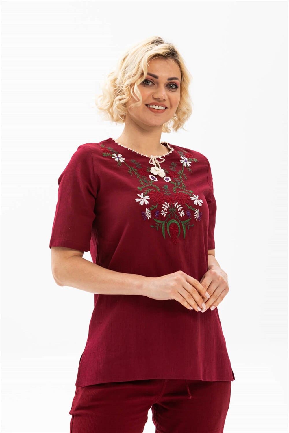 Toptan Büyük Beden Şile Bezi Kısa Kol Dilara Bluz Bordo