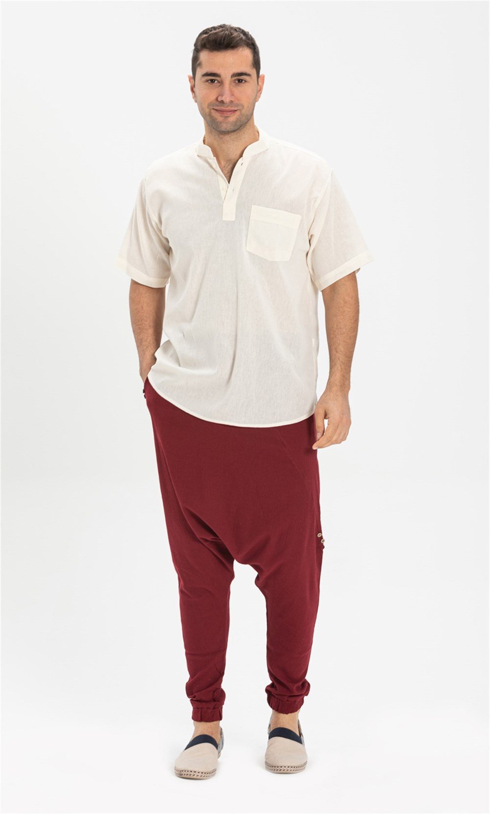 Büyük Beden Şile Bezi Kısa Kol Hakim Yaka Erkek Tshirt Krem 3002