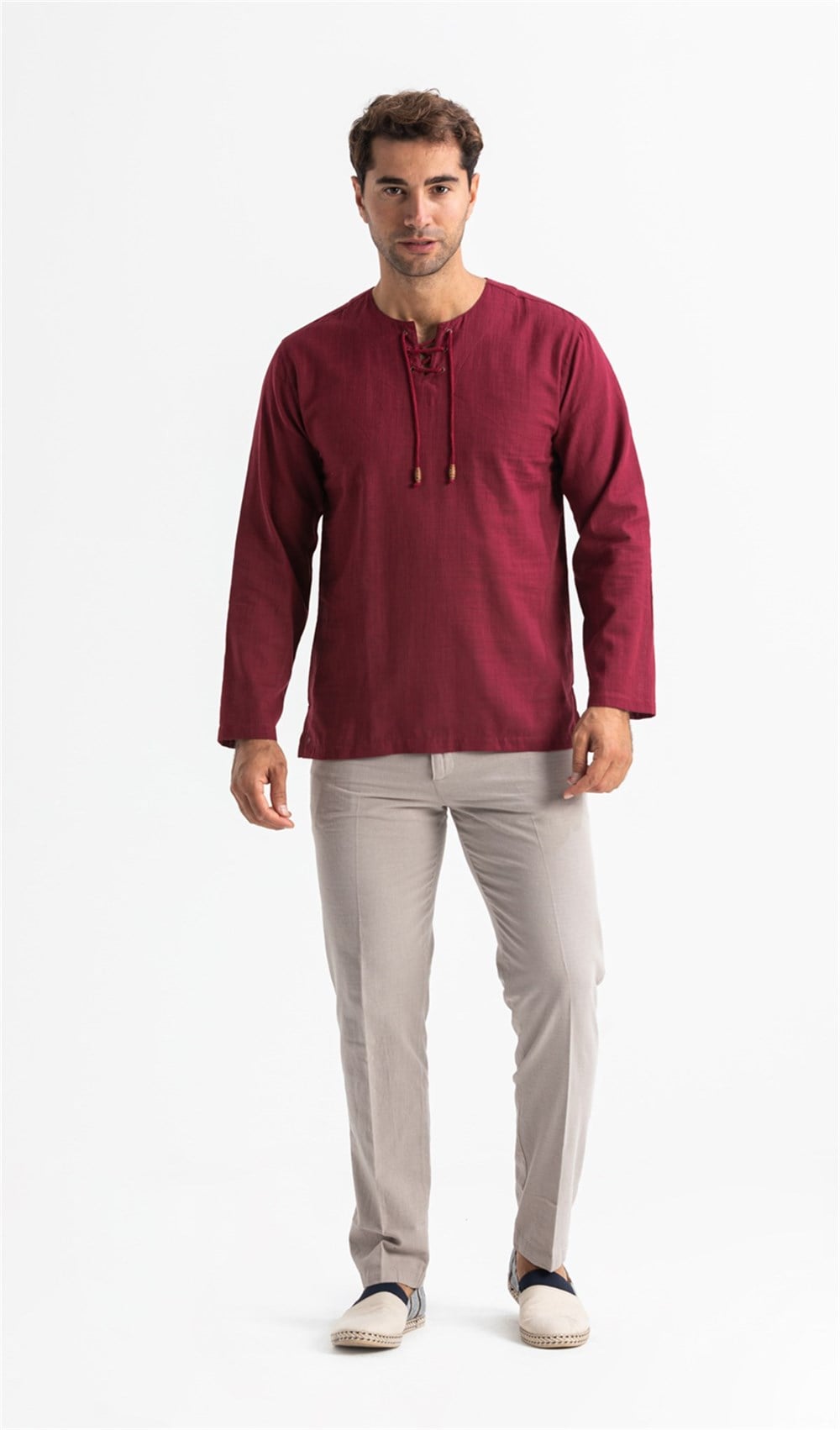 Büyük Beden Şile Bezi Uzun Kol Zımbalı Erkek Tshirt Koyu Bordo 3068