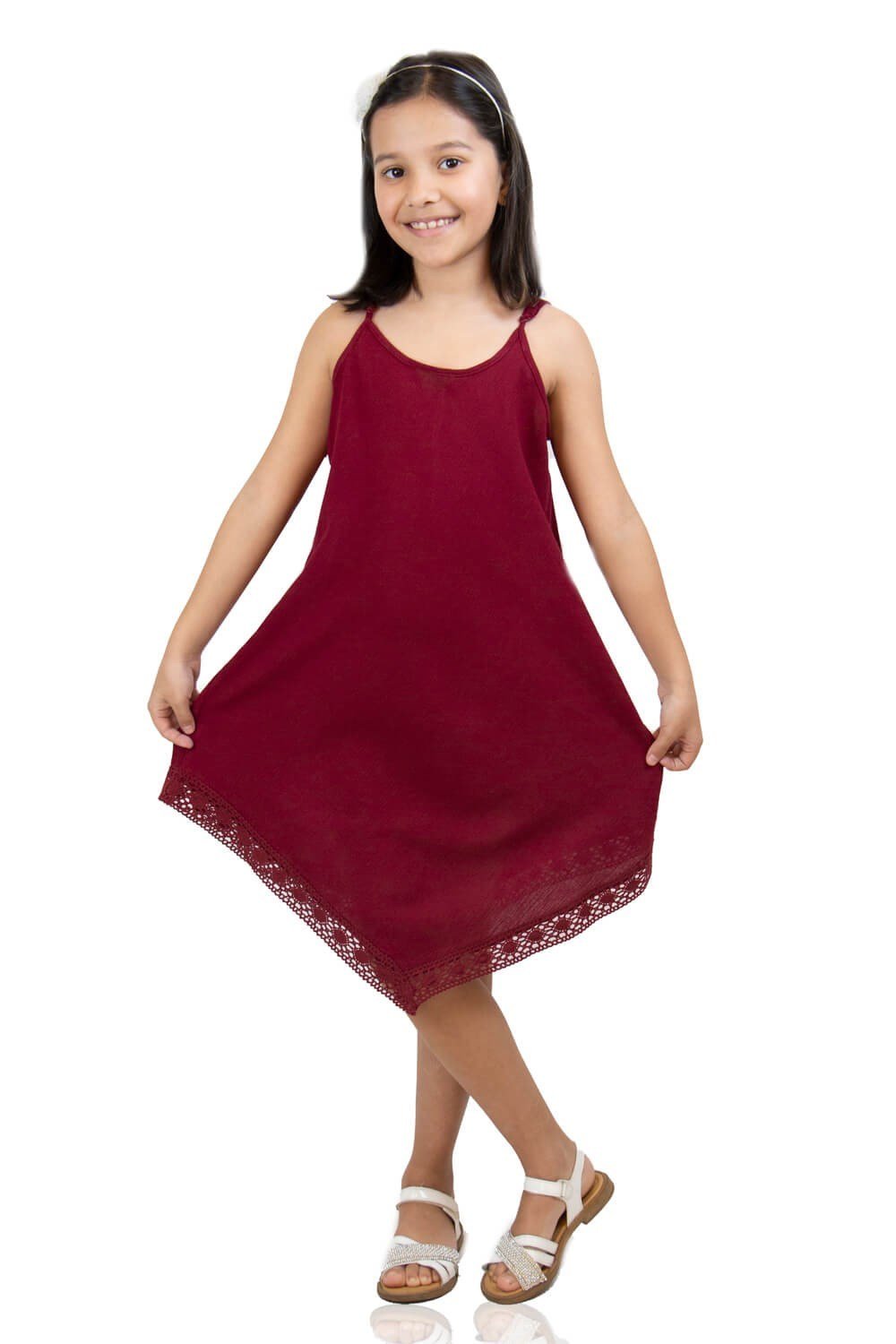 Toptan Askılı Çağla Şile Bezi Asimetrik Kesim Yazlık Çocuk Elbise Bordo