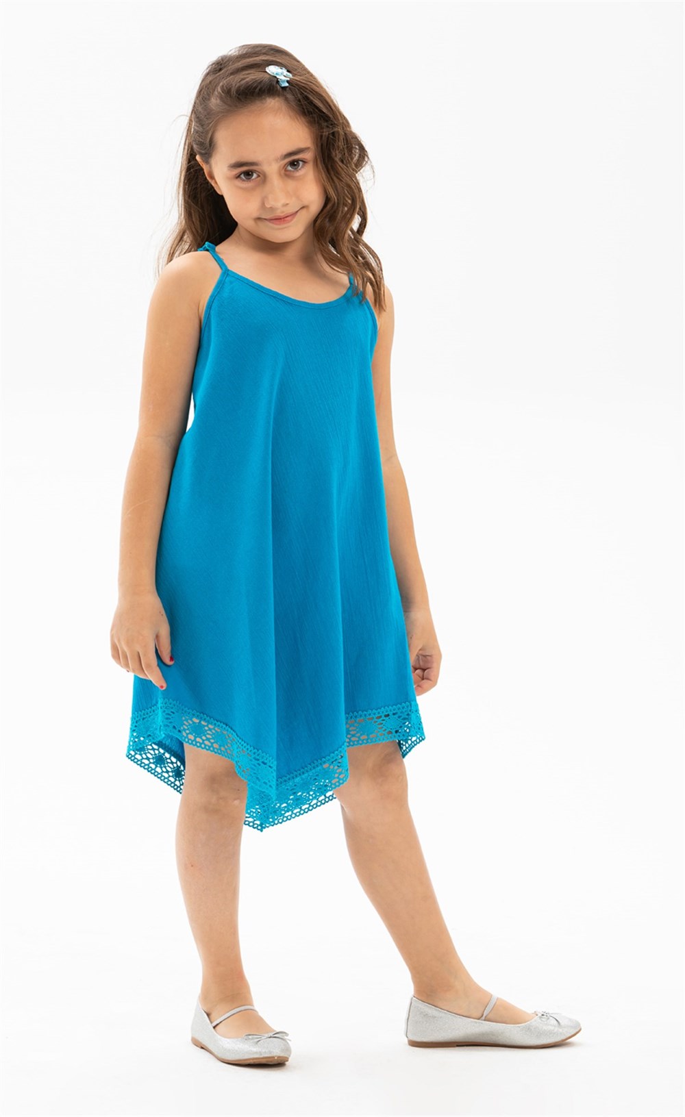 Toptan Askılı Çağla Şile Bezi Asimetrik Kesim Yazlık Çocuk Elbise Turkuaz