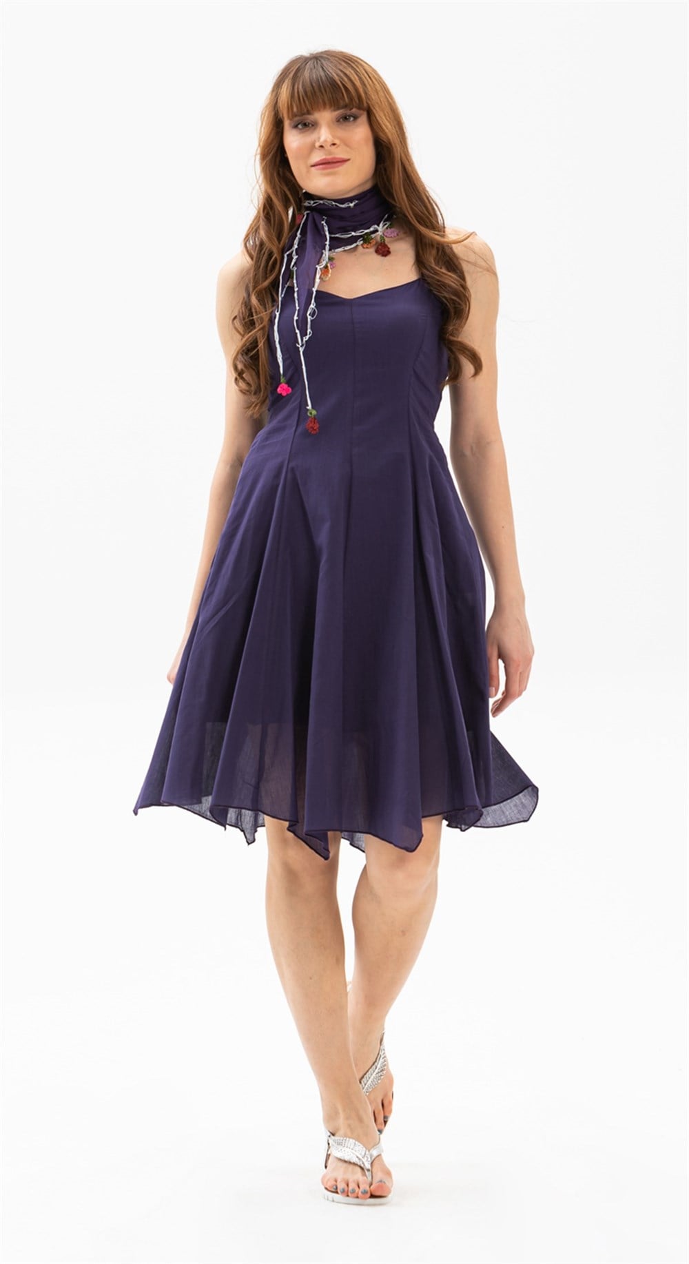 Toptan Askılı Emel Vual Yazlık Mini Elbise Mor