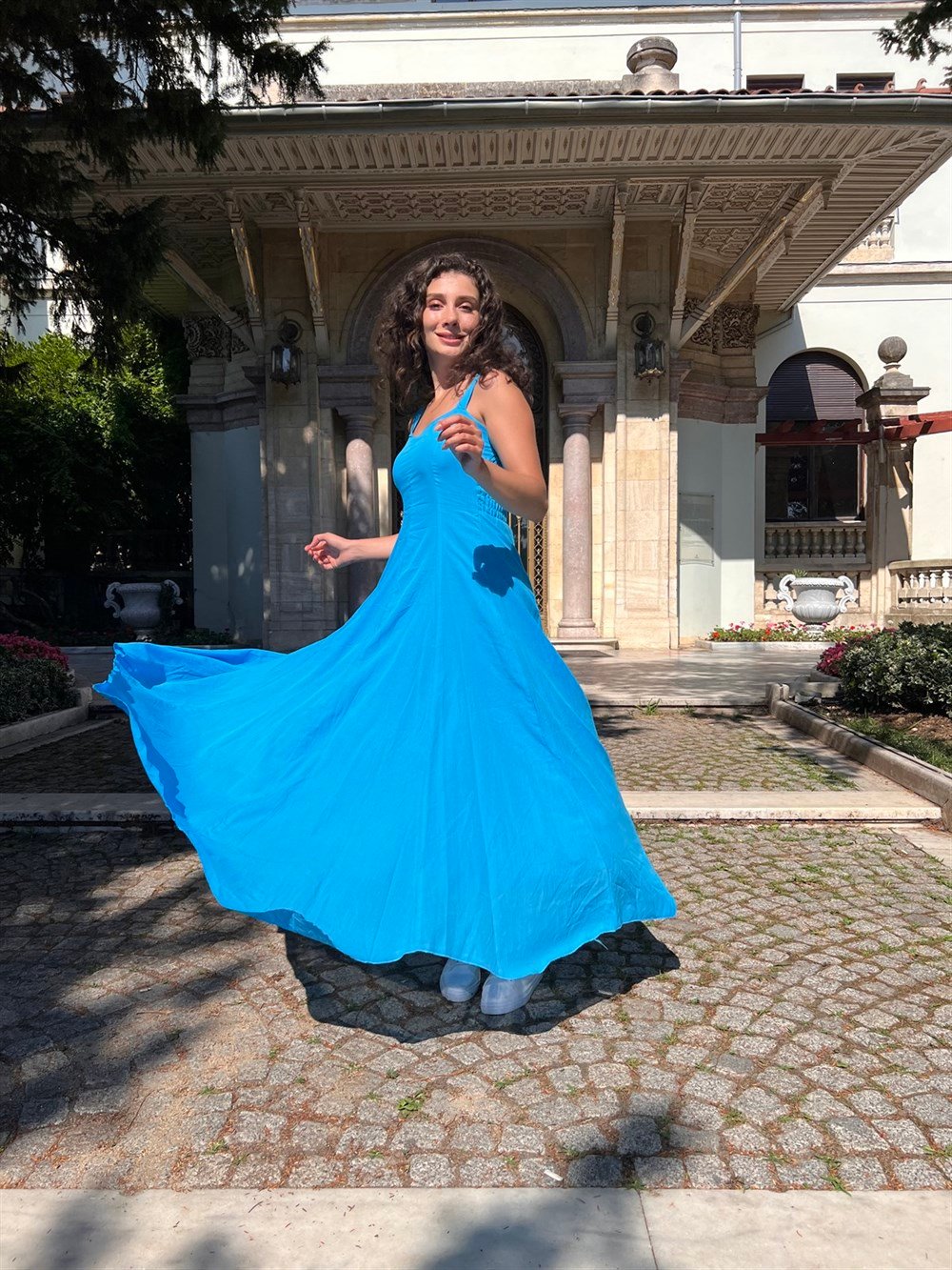 Emel Vual Uzun Elbise Turkuaz Trkz